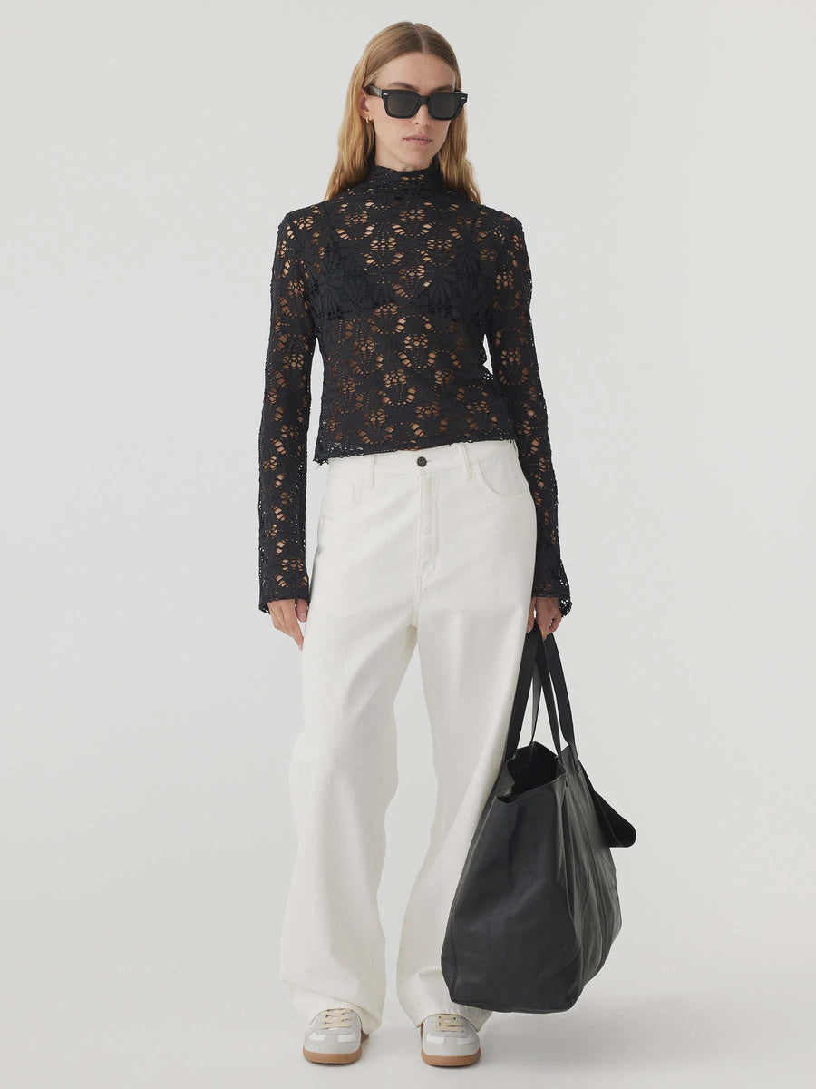 Bassike Long Sleeve Lace Top Black