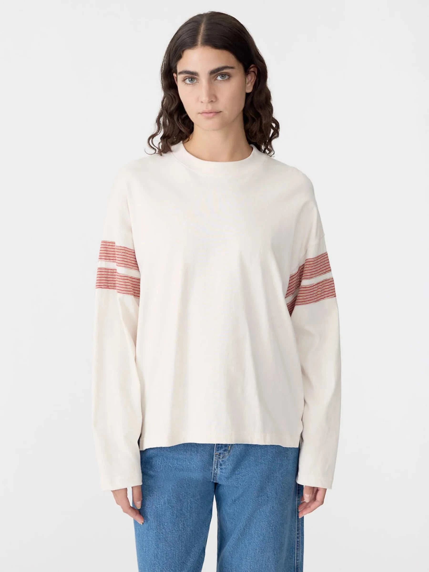 Bassike Boxy Rib Insert L/S T Shirt Ecru/Red