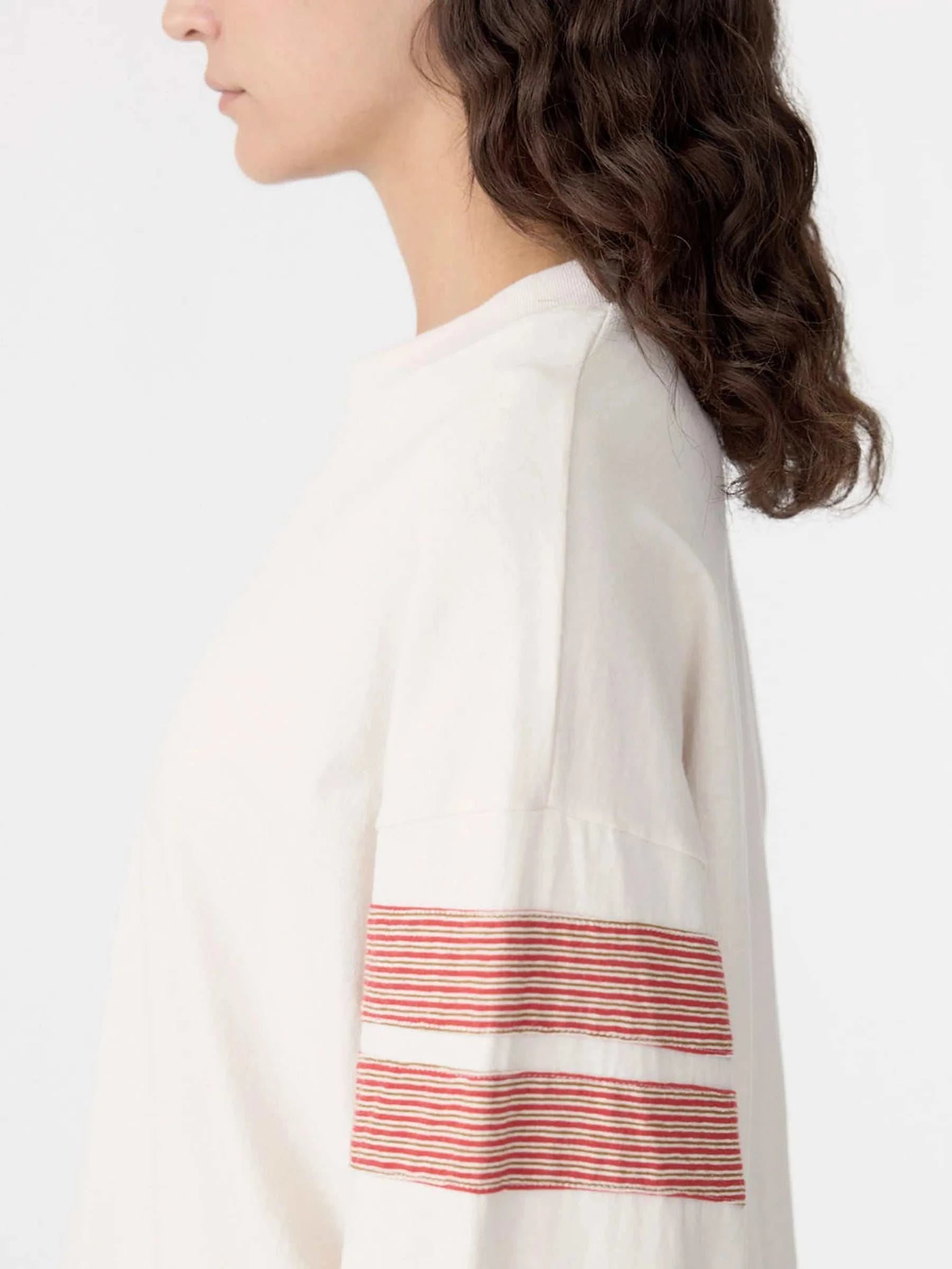 Bassike Boxy Rib Insert L/S T Shirt Ecru/Red