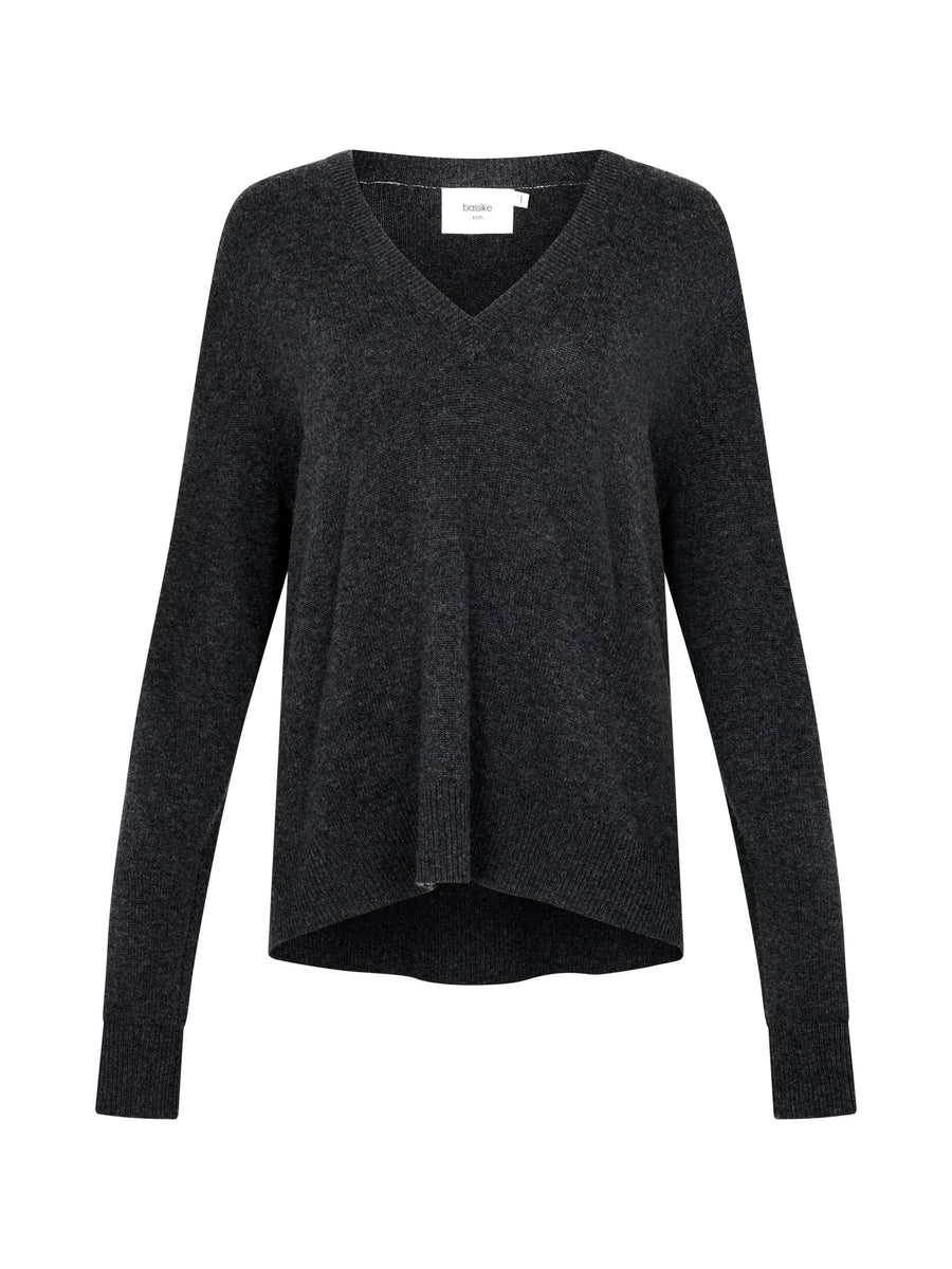 Bassike Low V Neck Slouch Knit Dark Charcoal