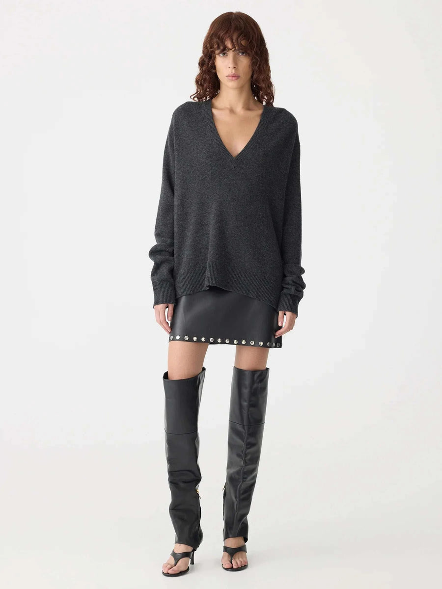 Bassike Low V Neck Slouch Knit Dark Charcoal
