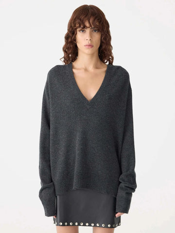 Bassike Low V Neck Slouch Knit Dark Charcoal