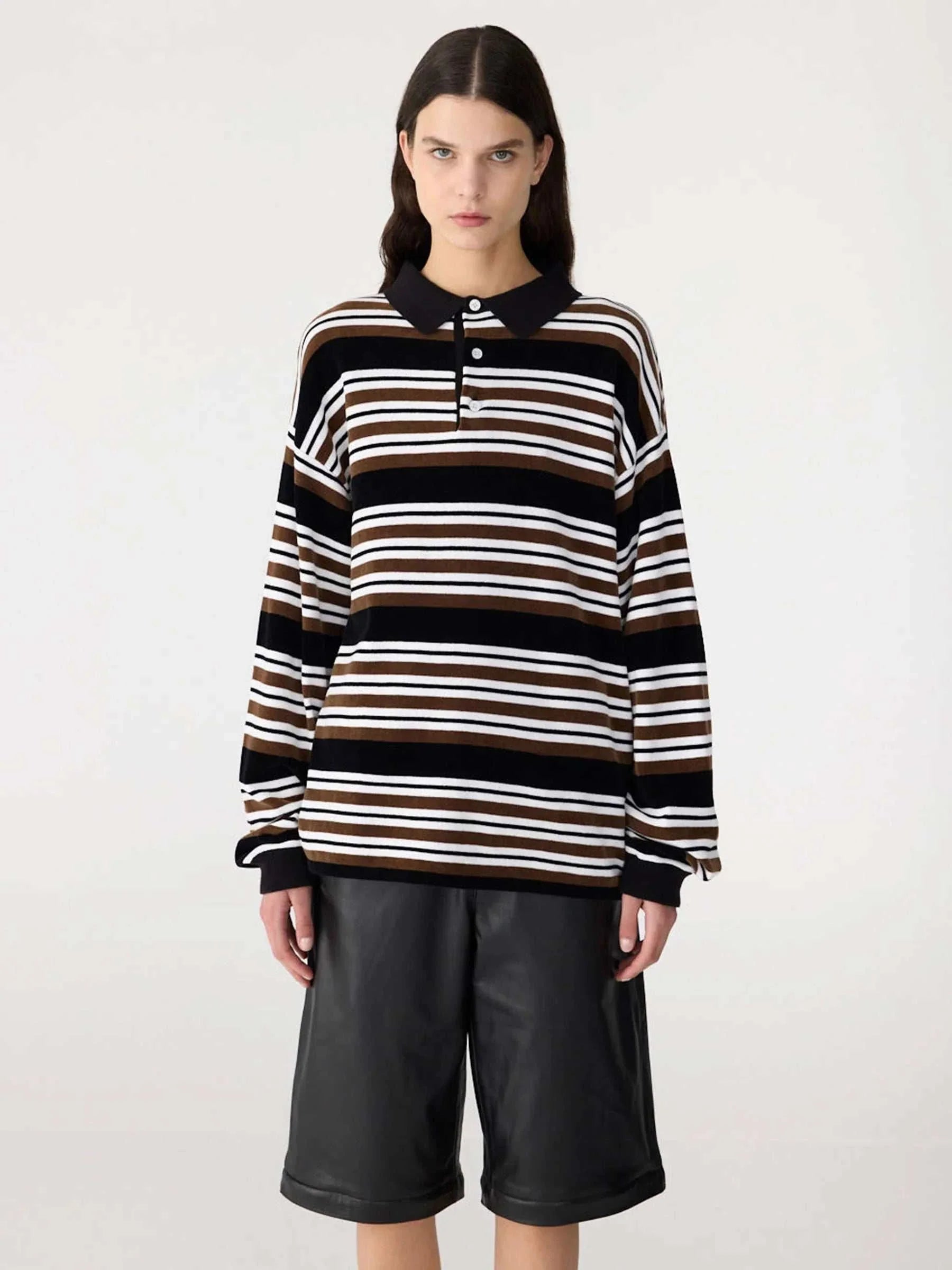 Bassike Universal Velour Polo Black Brown Natural