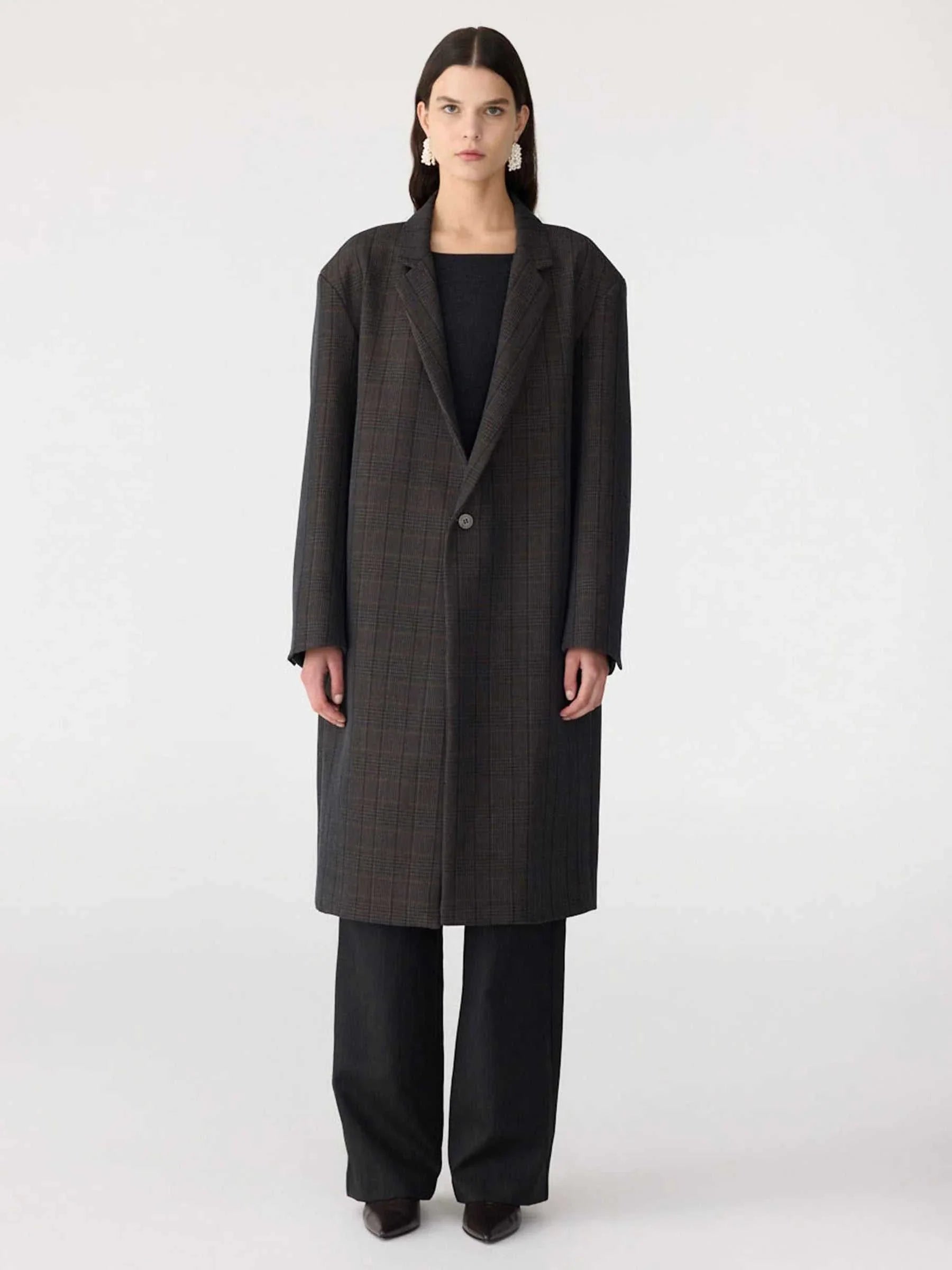 Bassike Check Wool Coat Brown Ink