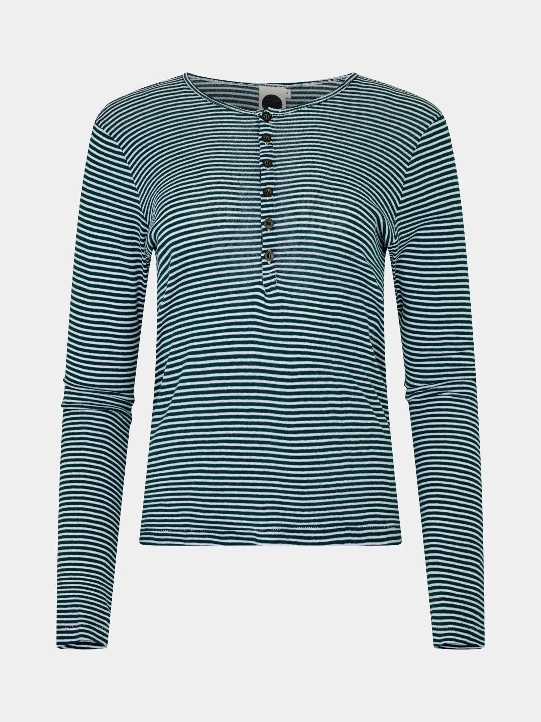 Bassike Stripe Rib Long Sleeve Placket T Shirt Dark Forest White