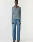 Bassike Stripe Rib Long Sleeve Placket T Shirt Dark Forest White