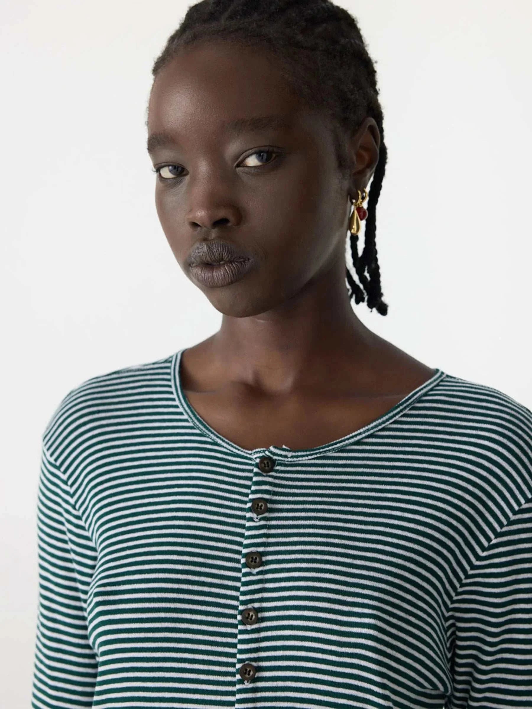 Bassike Stripe Rib Long Sleeve Placket T Shirt Dark Forest White