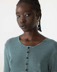 Bassike Stripe Rib Long Sleeve Placket T Shirt Dark Forest White