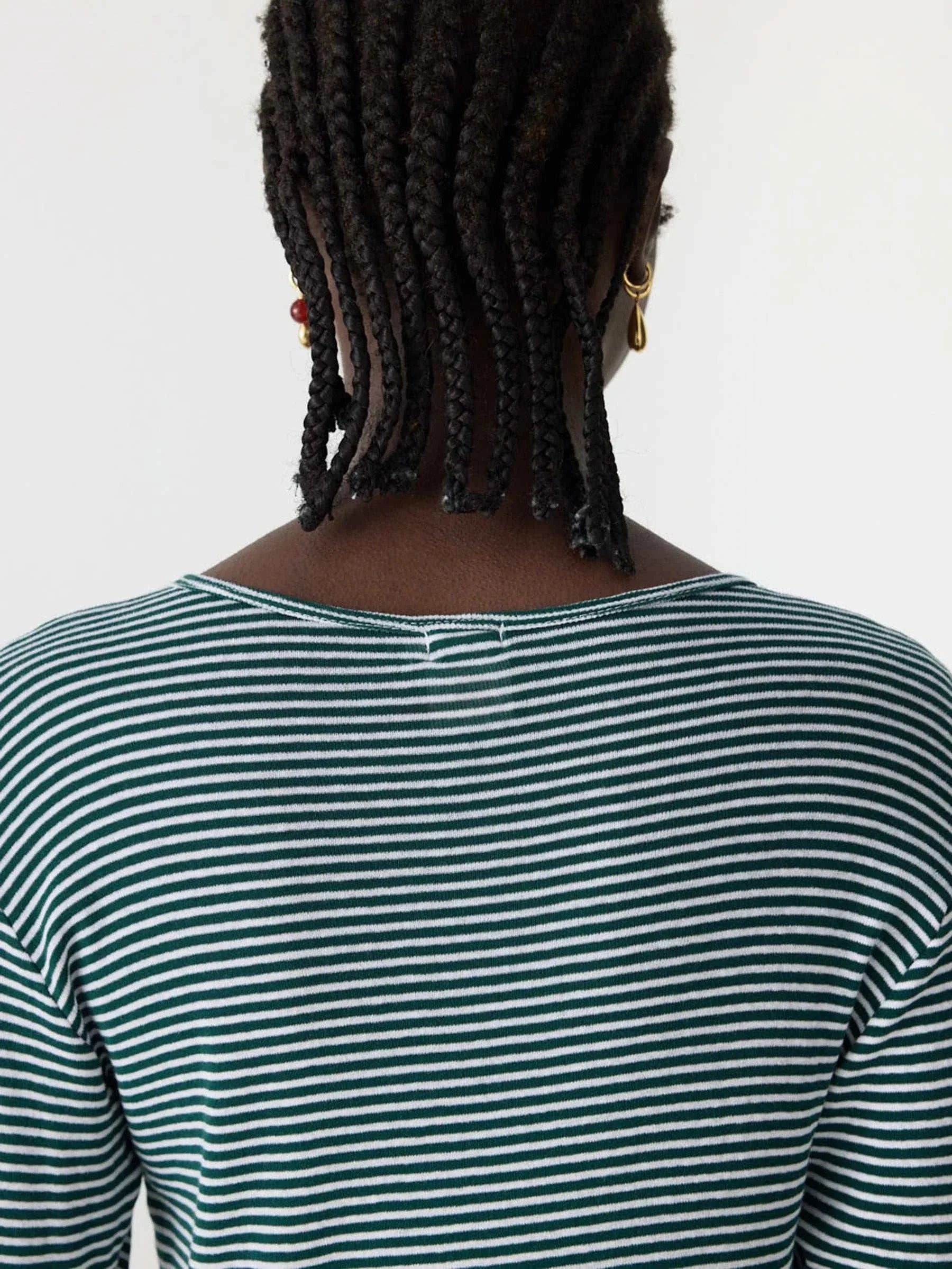 Bassike Stripe Rib Long Sleeve Placket T Shirt Dark Forest White