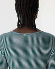 Bassike Stripe Rib Long Sleeve Placket T Shirt Dark Forest White