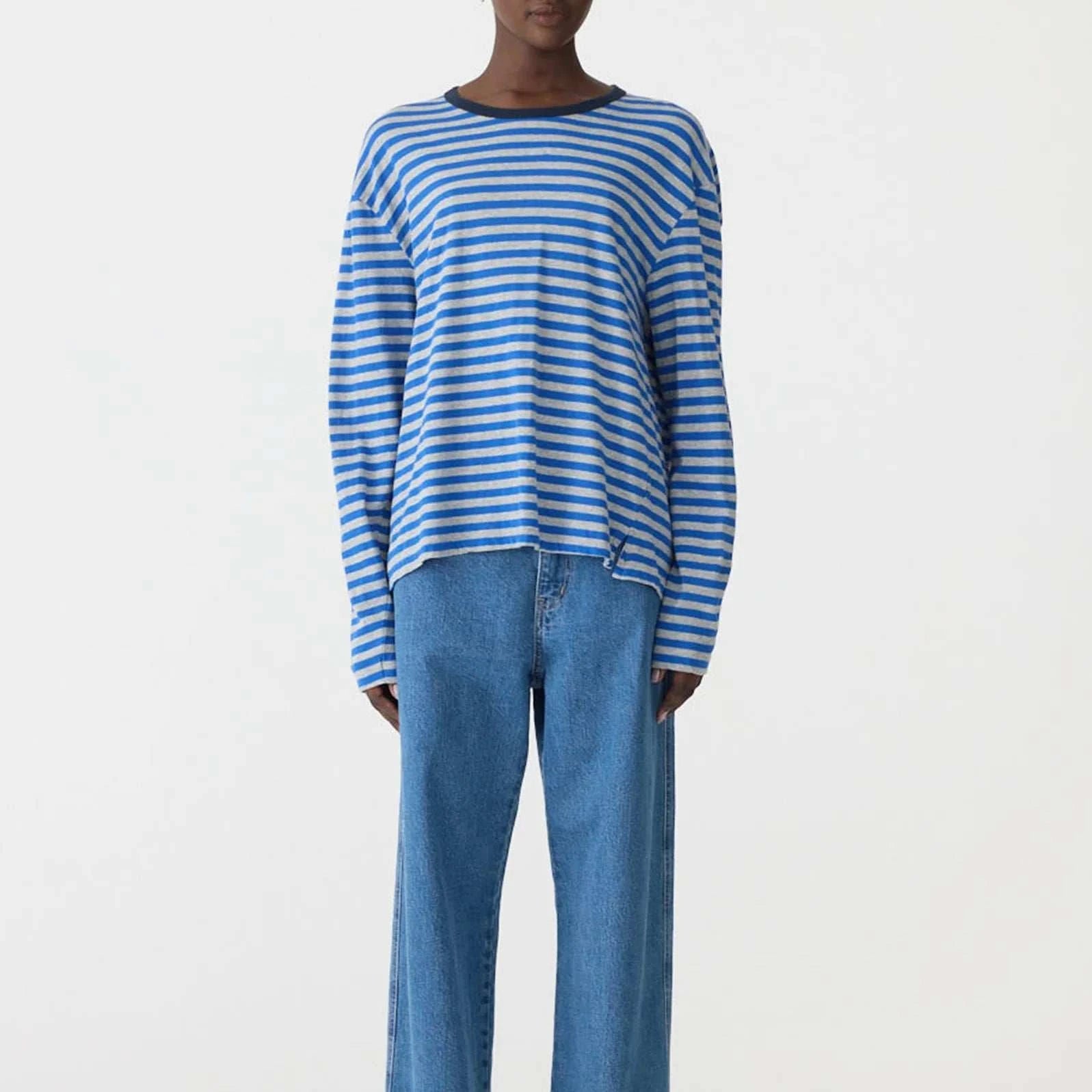 Stripe Boyfriend T Shirt Cobalt Grey Marle
