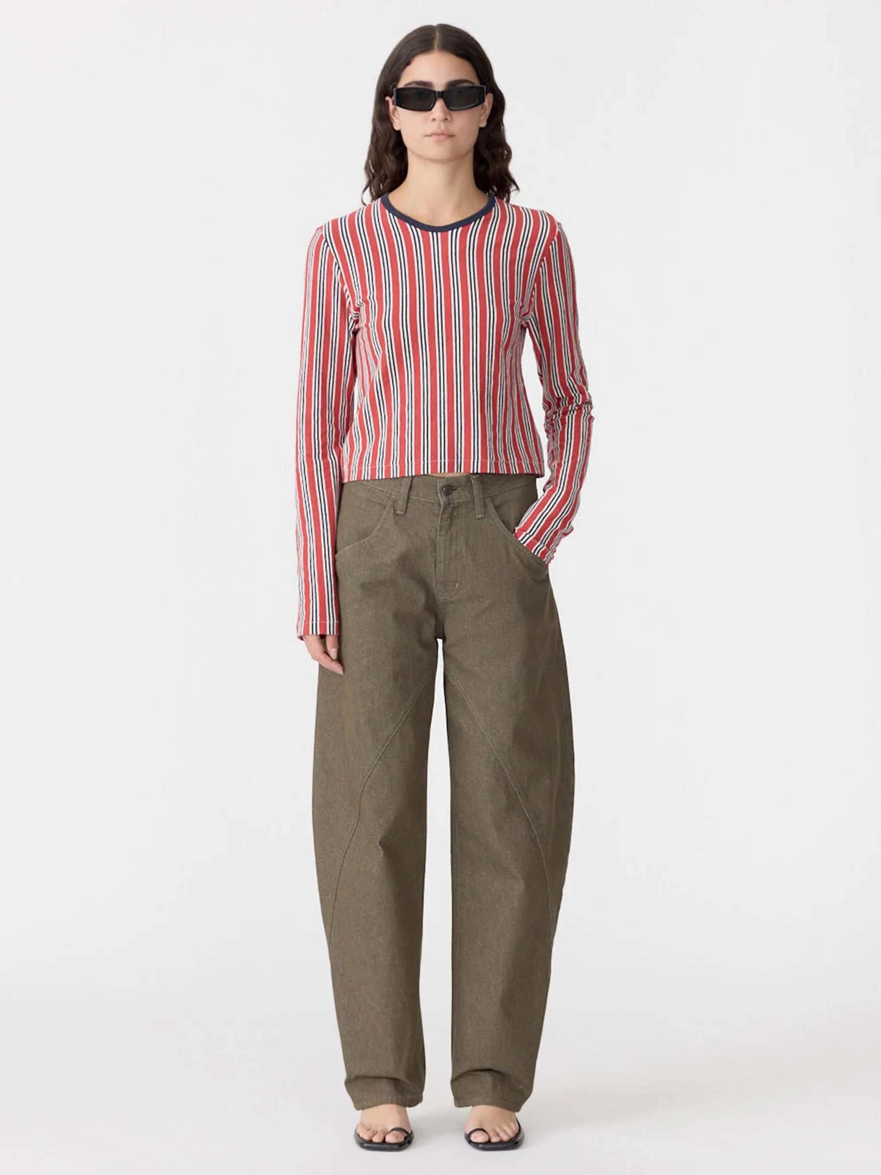 Bassike Vertical Stripe L/S Shirt Red/Navy/Natural