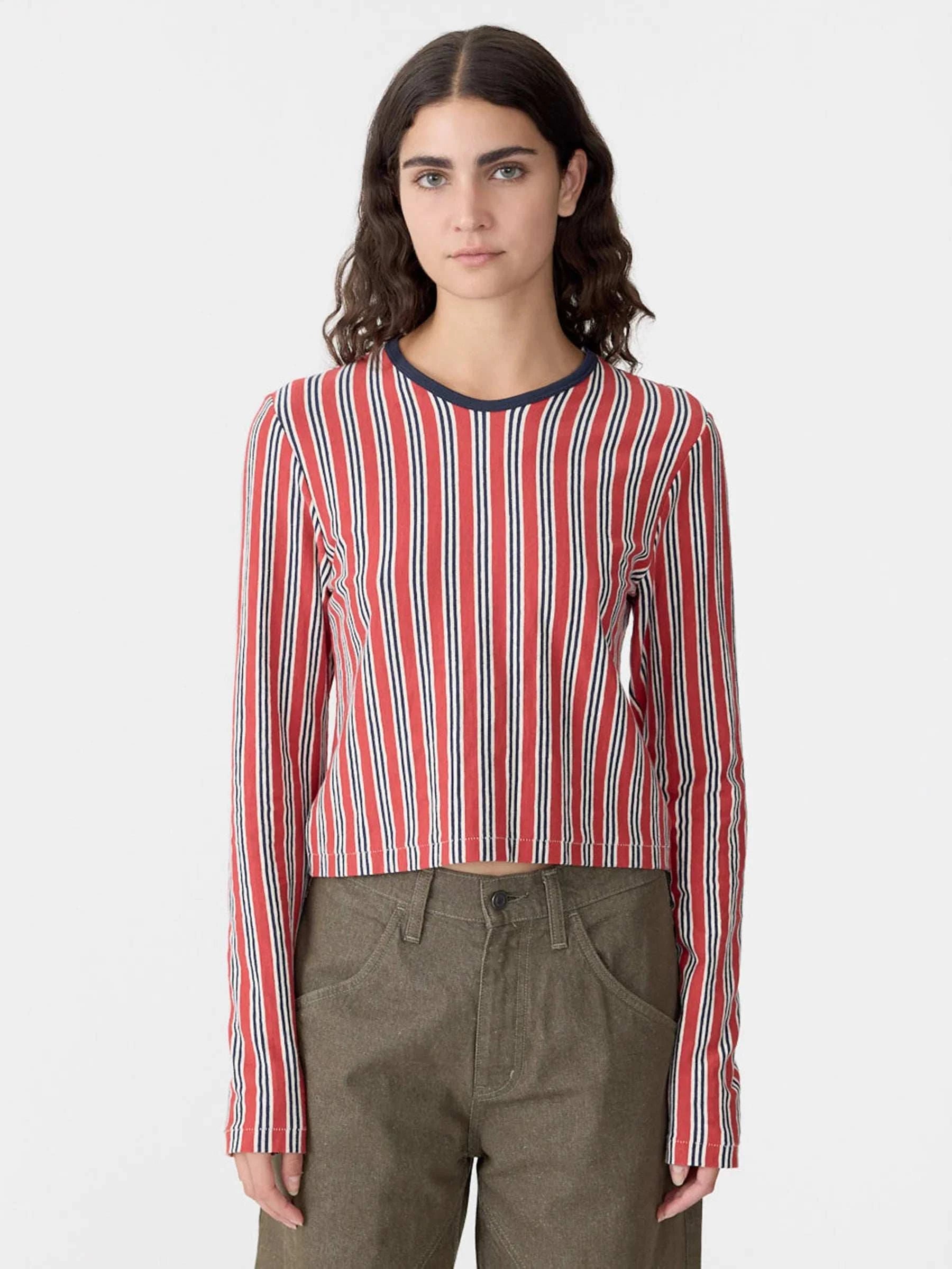 Bassike Vertical Stripe L/S Shirt Red/Navy/Natural