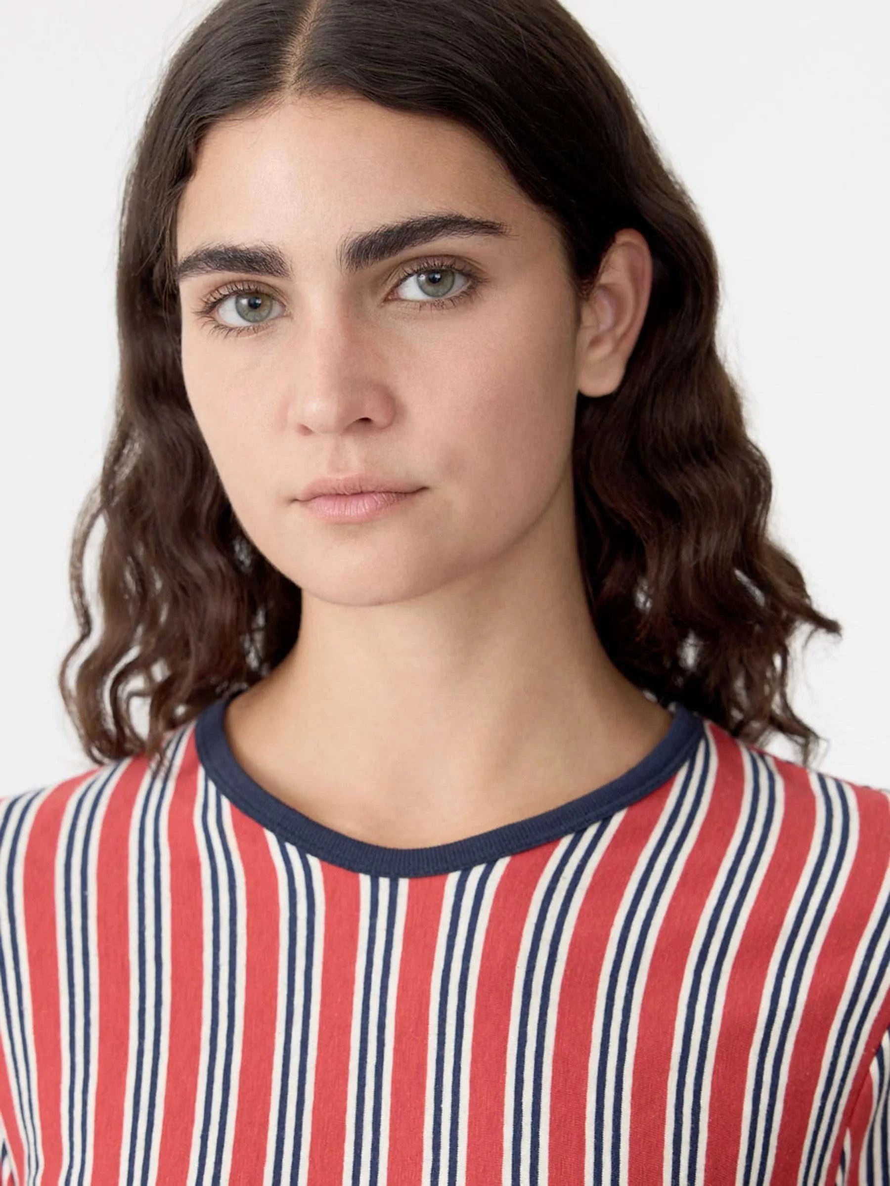 Bassike Vertical Stripe L/S Shirt Red/Navy/Natural
