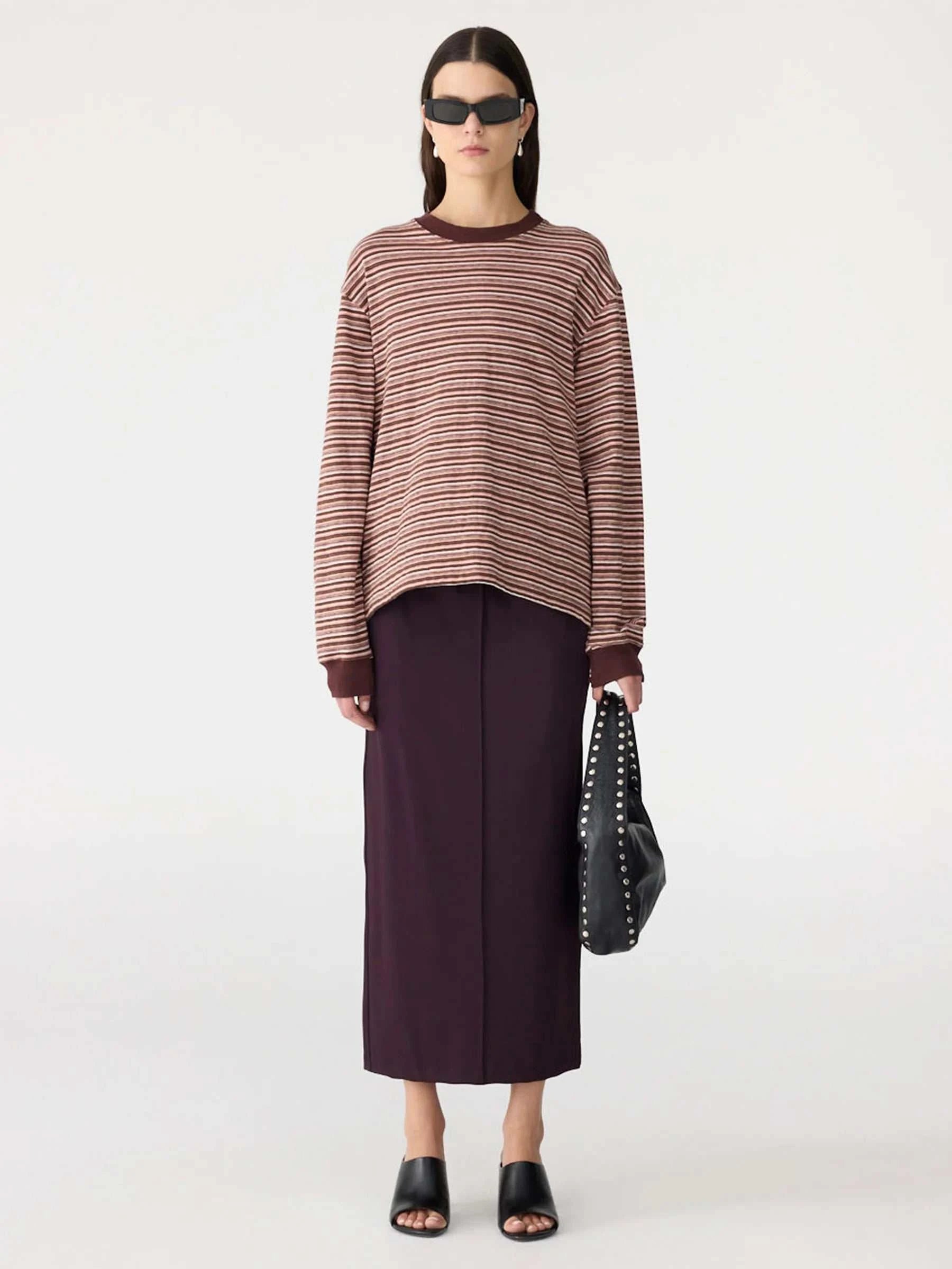 Bassike Stripe Slouch Long Sleeve T Shirt Pink Orange Plum