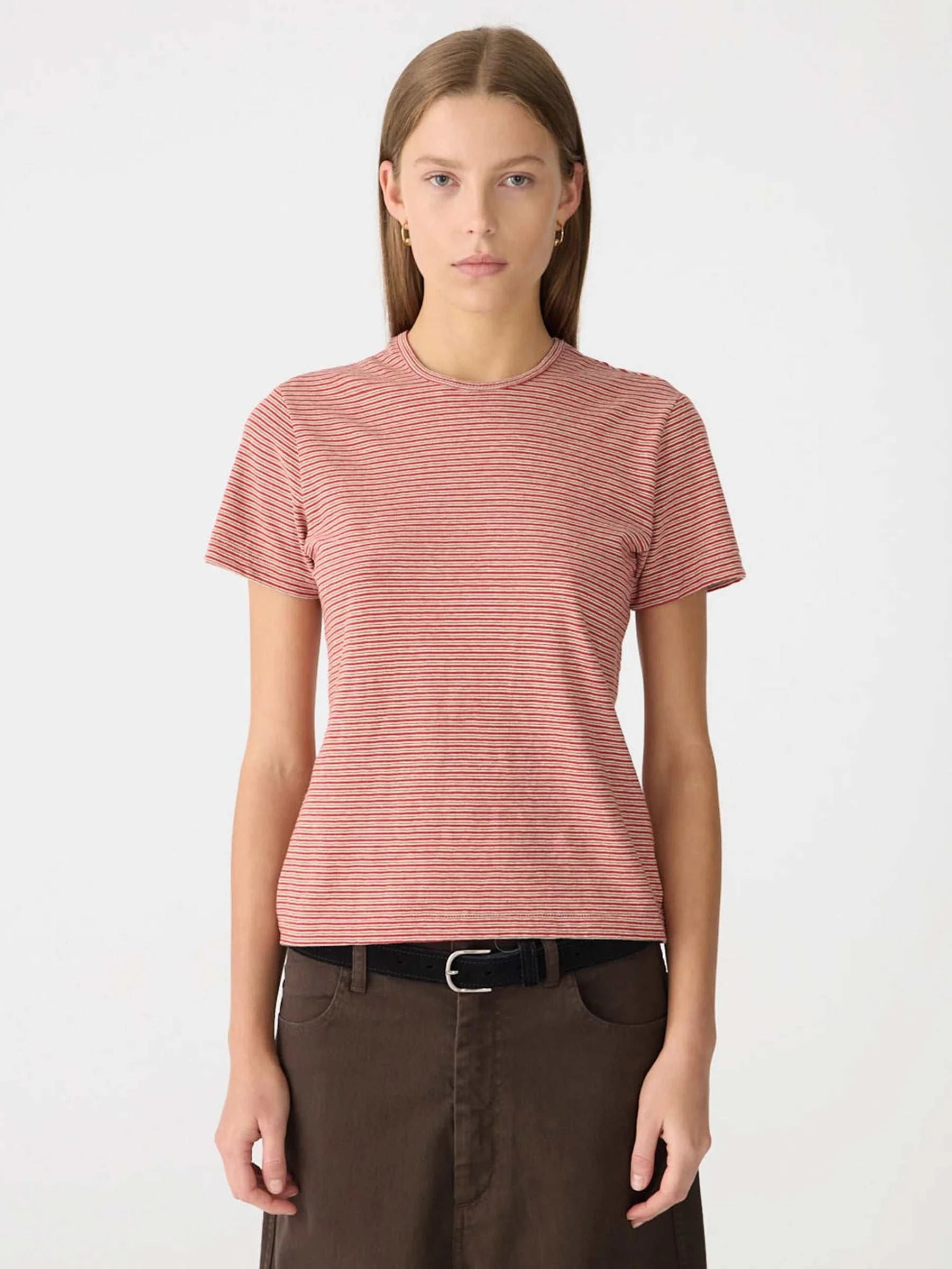 Bassike Stripe Heritage T Shirt Red/Natural/Olive