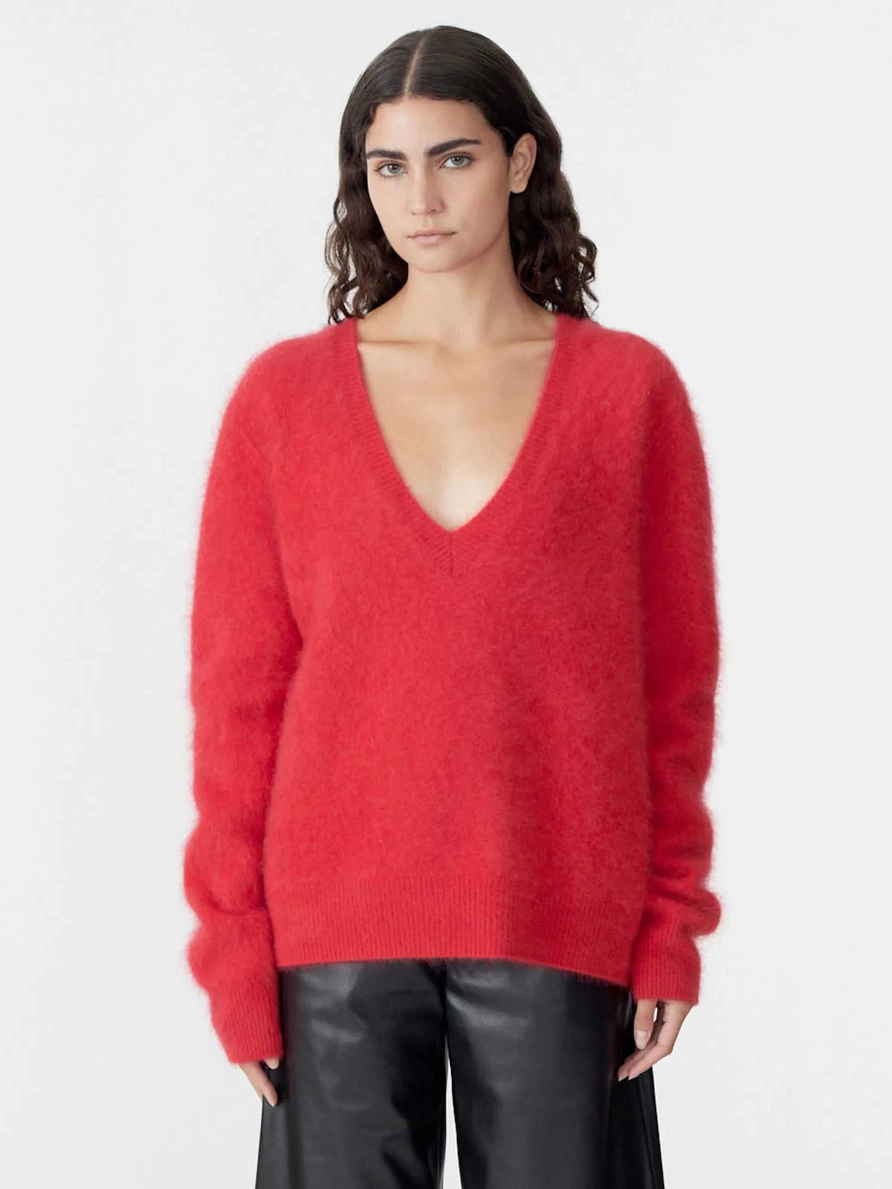 Bassike Deep V Textured Knit Red