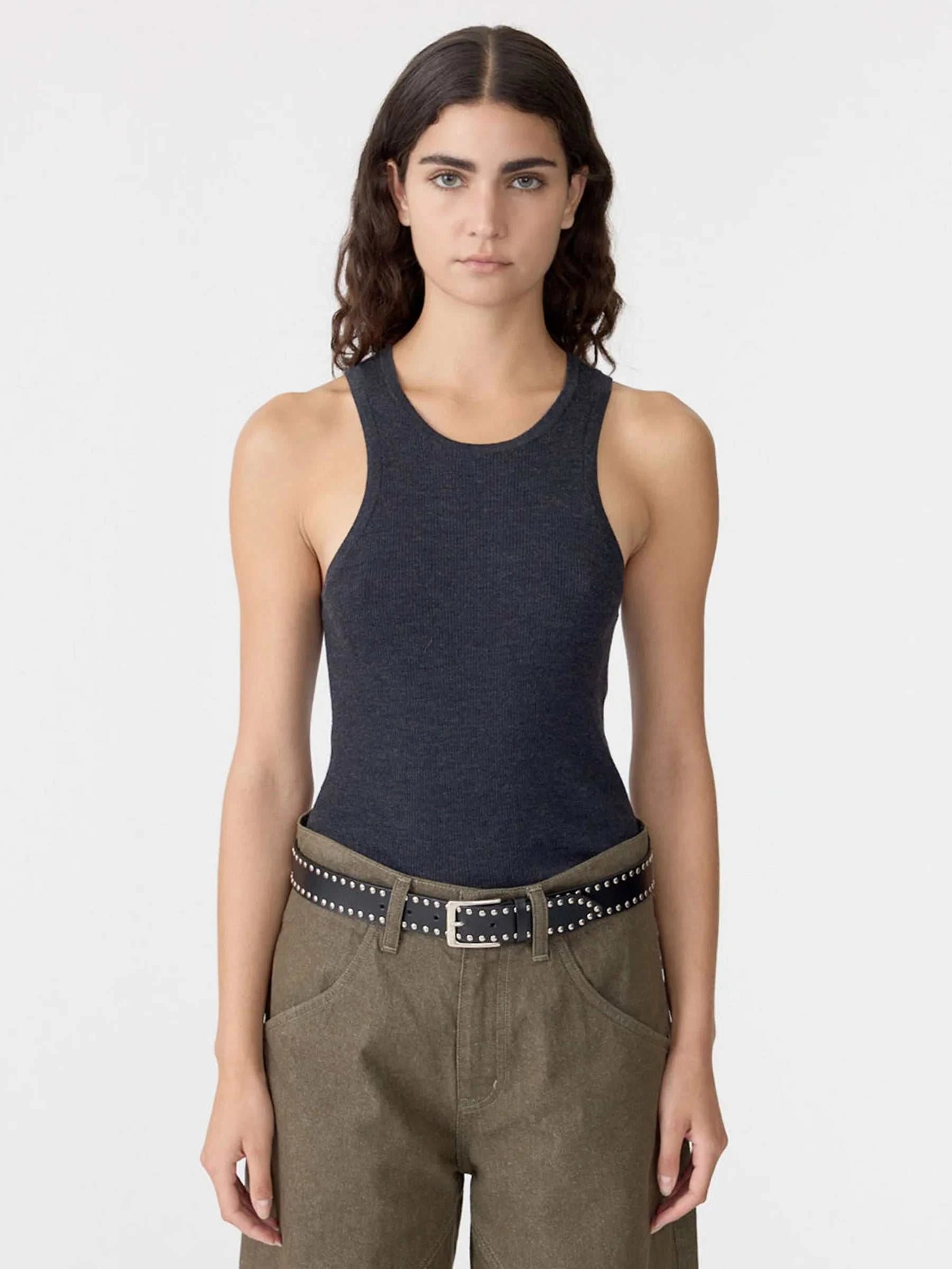 Bassike Fine Merino Wool Tank Charcoal Marl