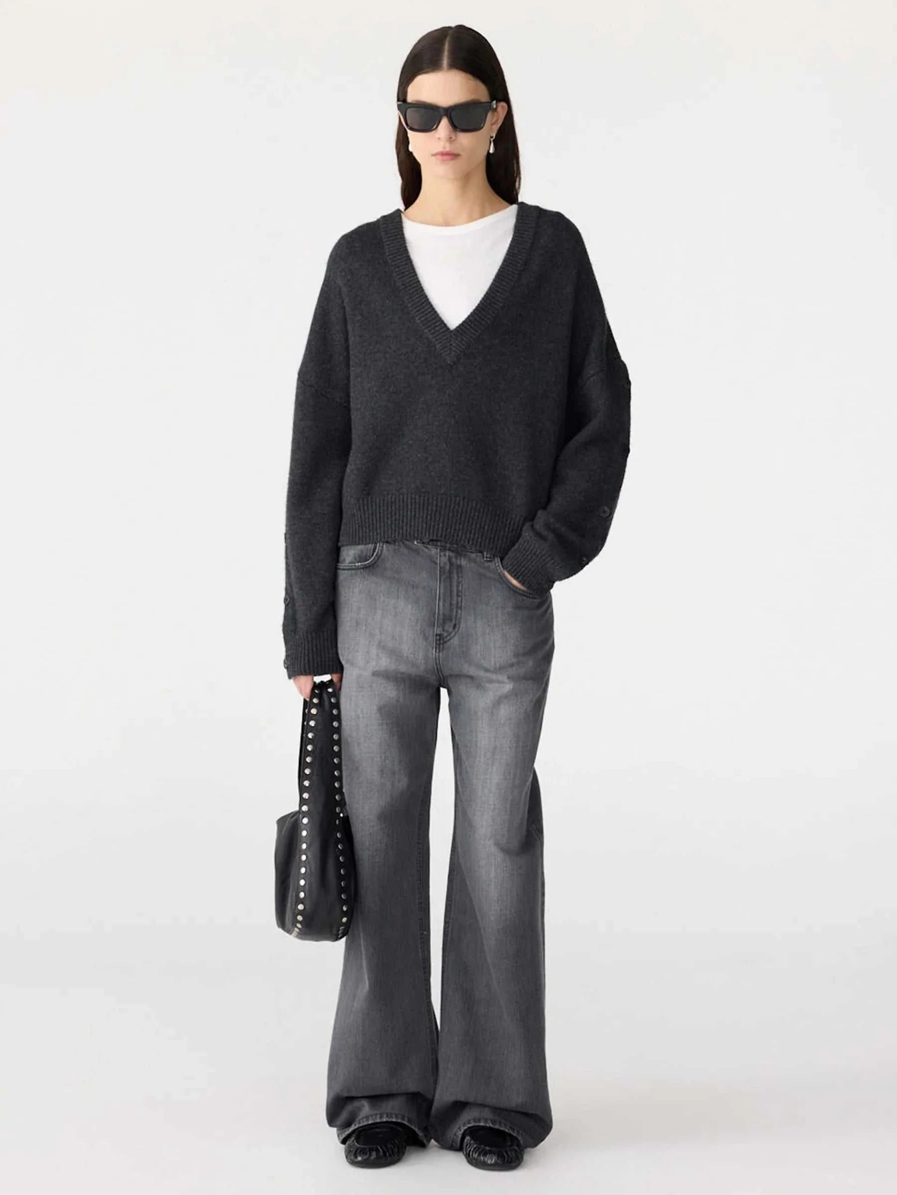 Bassike Sleeve Detail V Neck Knit Dark Charcoal