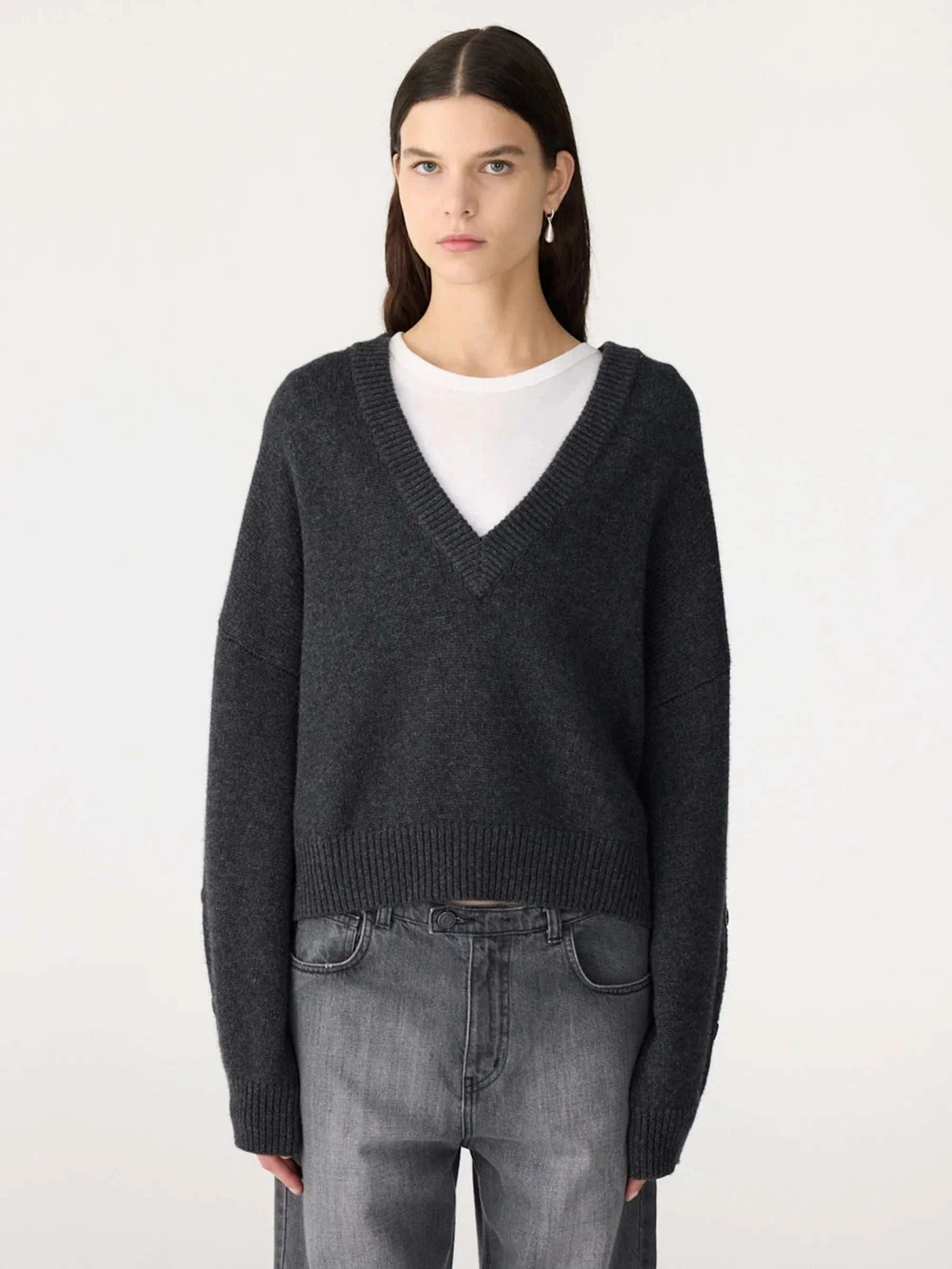 Bassike Sleeve Detail V Neck Knit Dark Charcoal