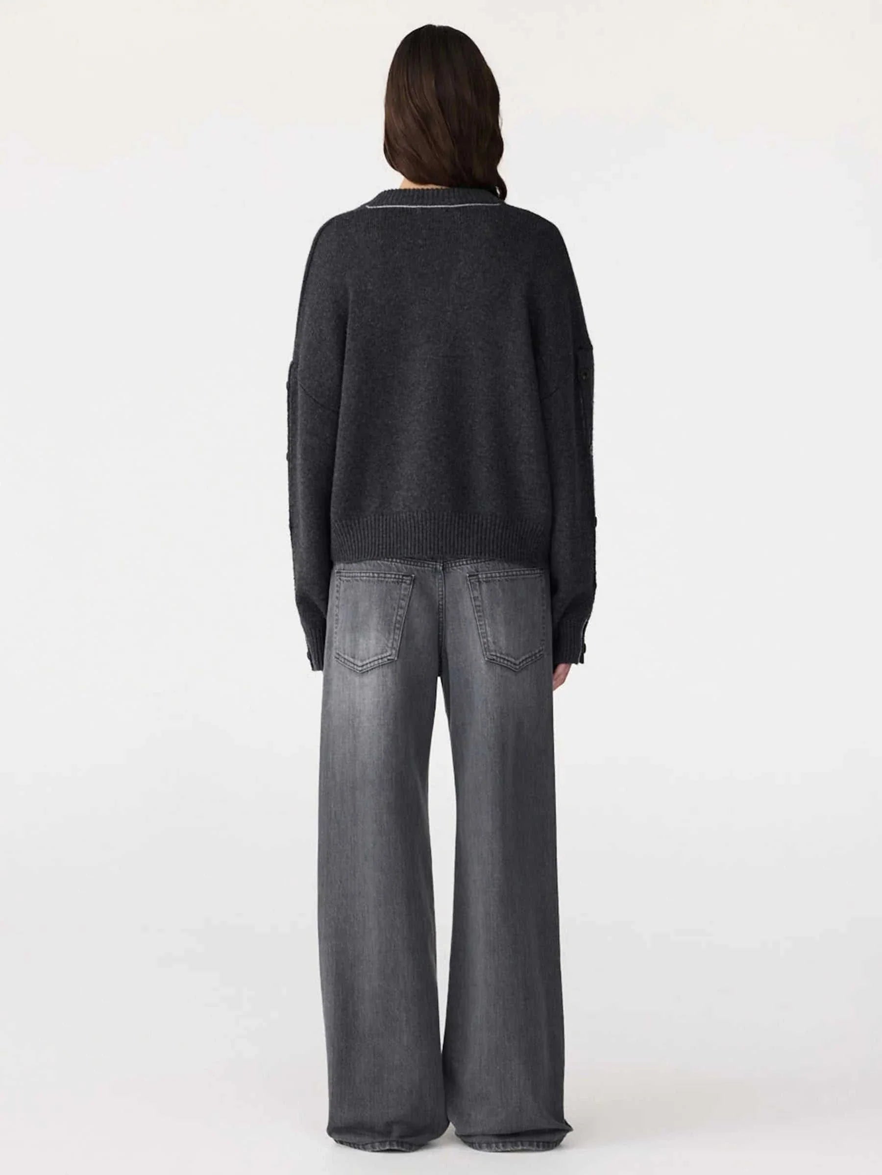 Bassike Sleeve Detail V Neck Knit Dark Charcoal