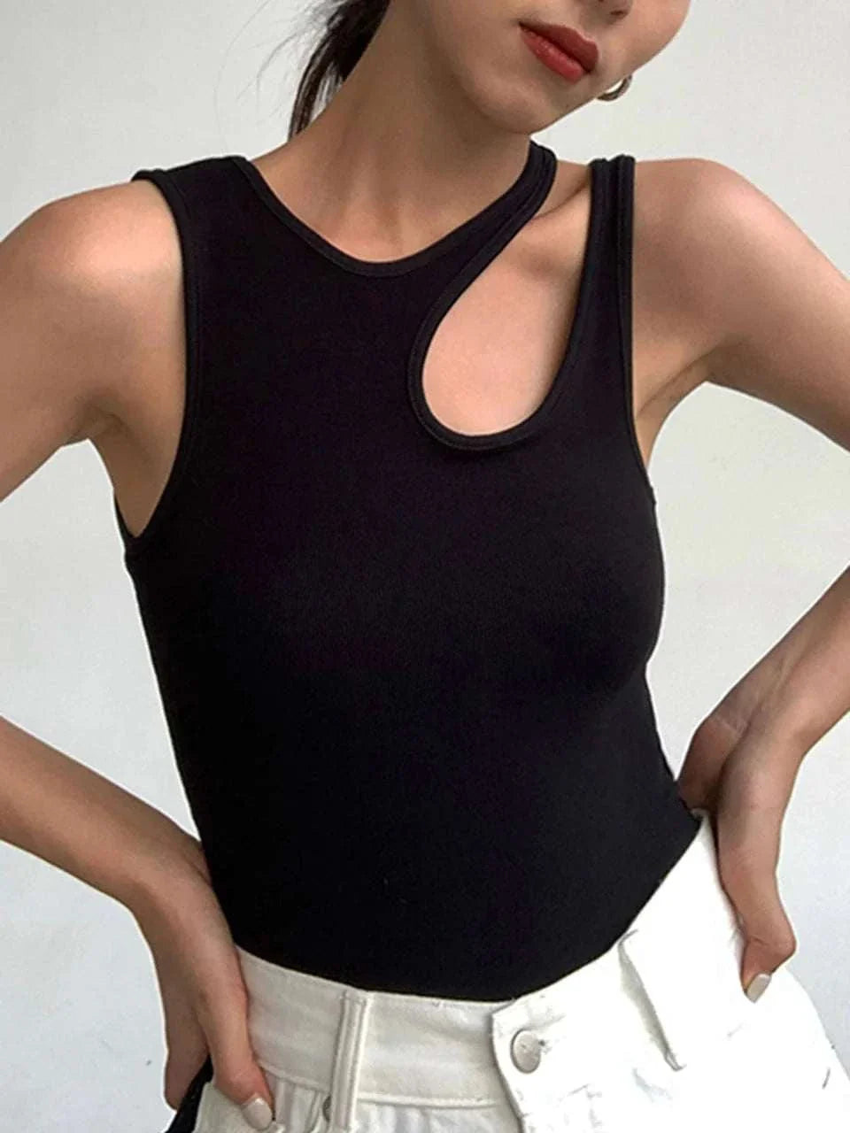Bassike Cut Out Mini Rib Tank Black