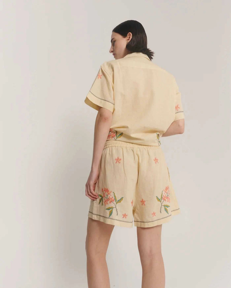 The Tales Cream Embroidered Flower Linen Shorts