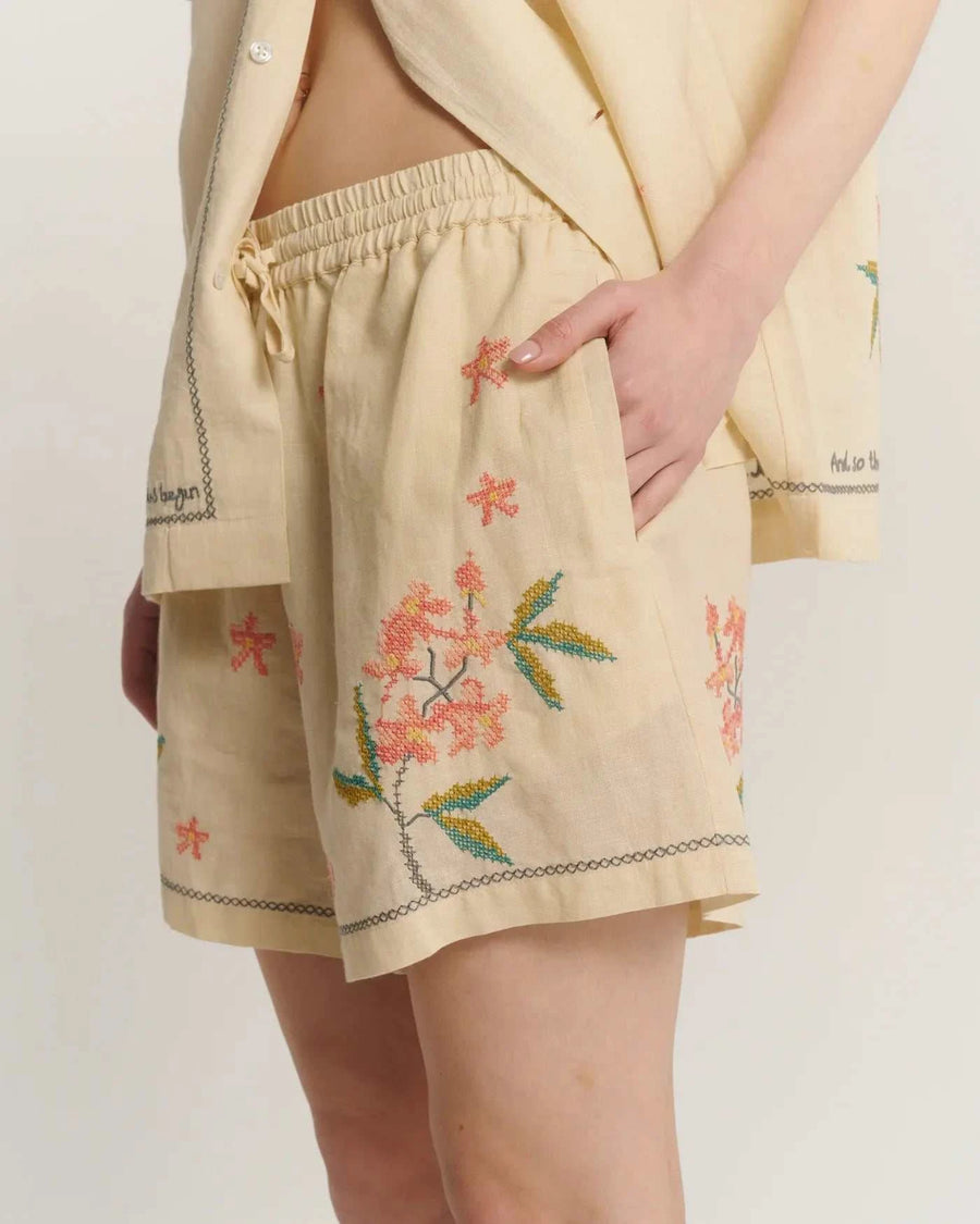 The Tales Cream Embroidered Flower Linen Shorts