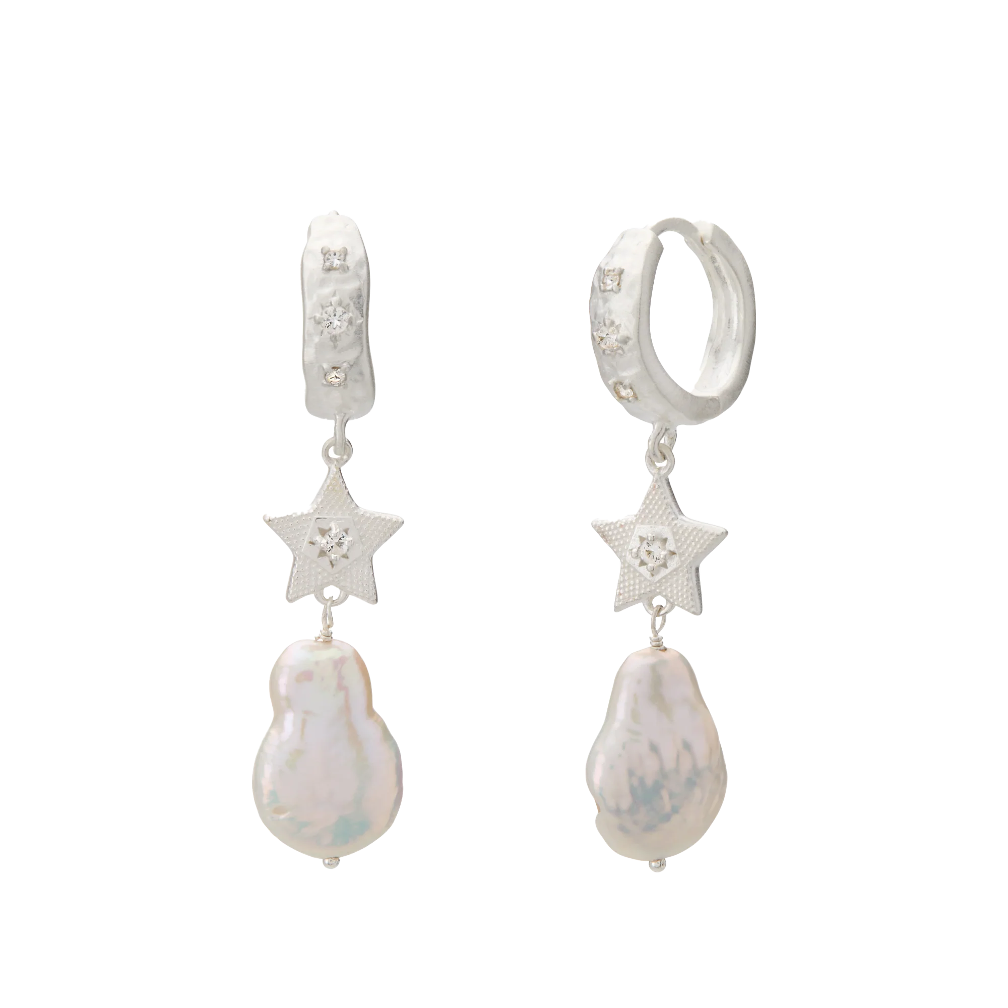 Murkani Cosmic Love Long Star Earrings with Pearl Silver