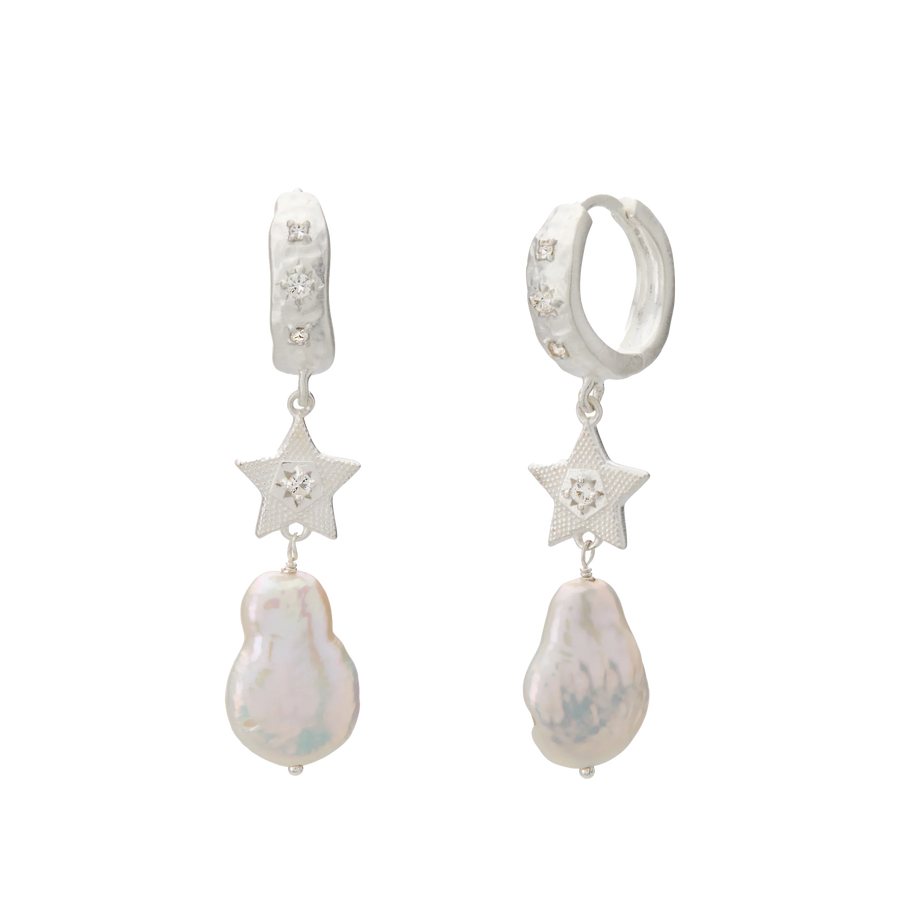 Murkani Cosmic Love Long Star Earrings with Pearl Silver