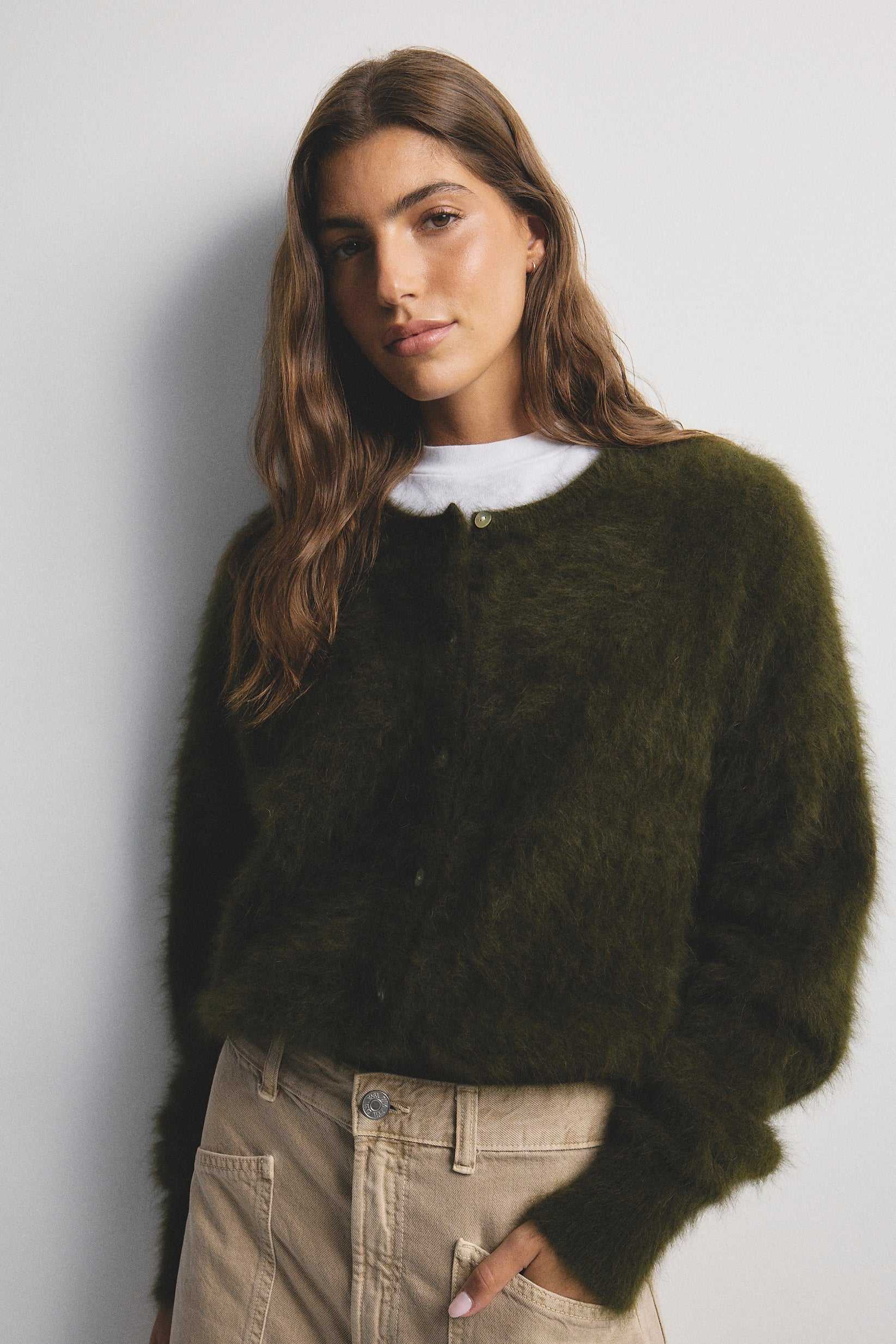 World Of Nomads Frankie Cashmere Crew Neck Cardigan Moss