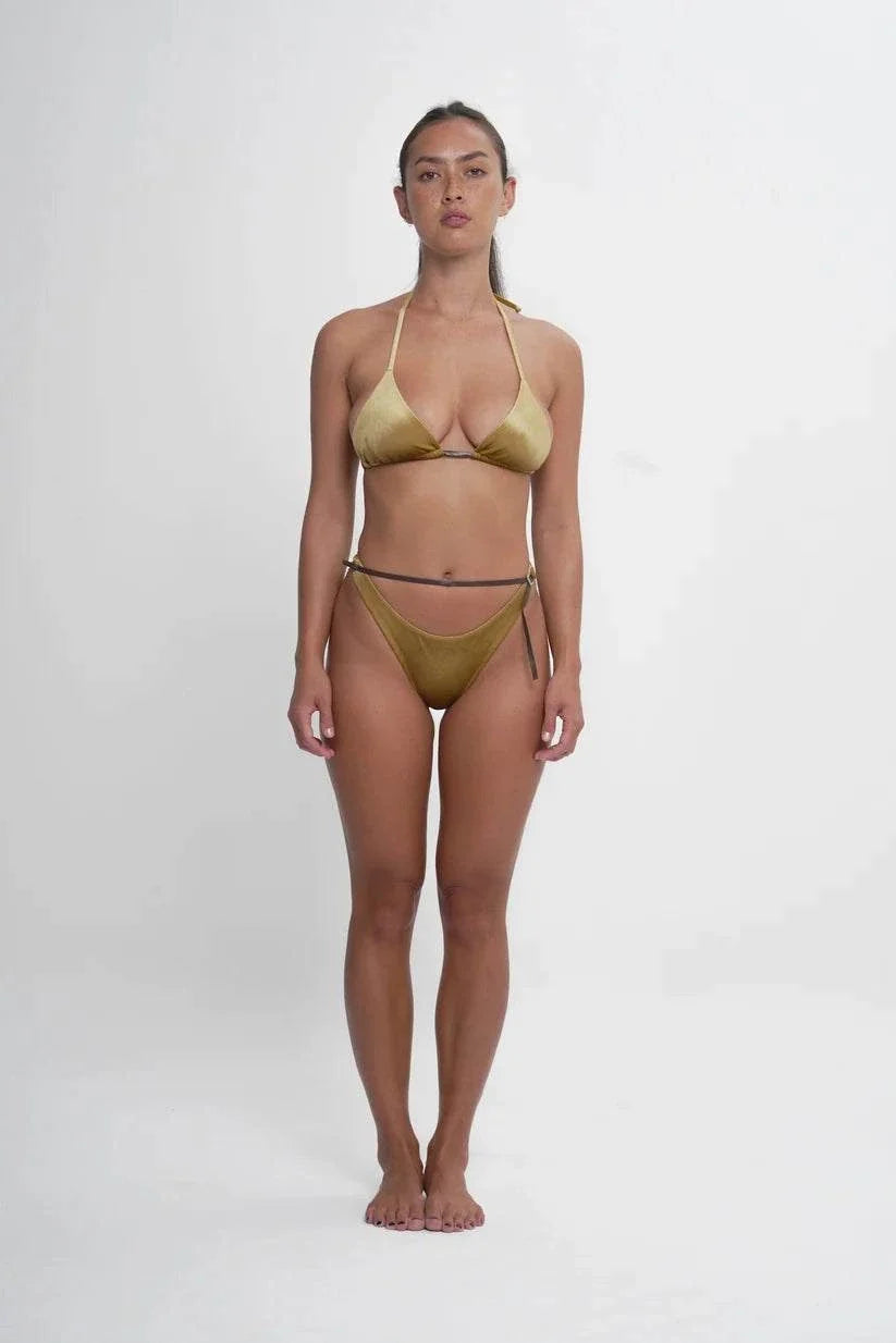 About Rose Hyde Triangle String Top Gold