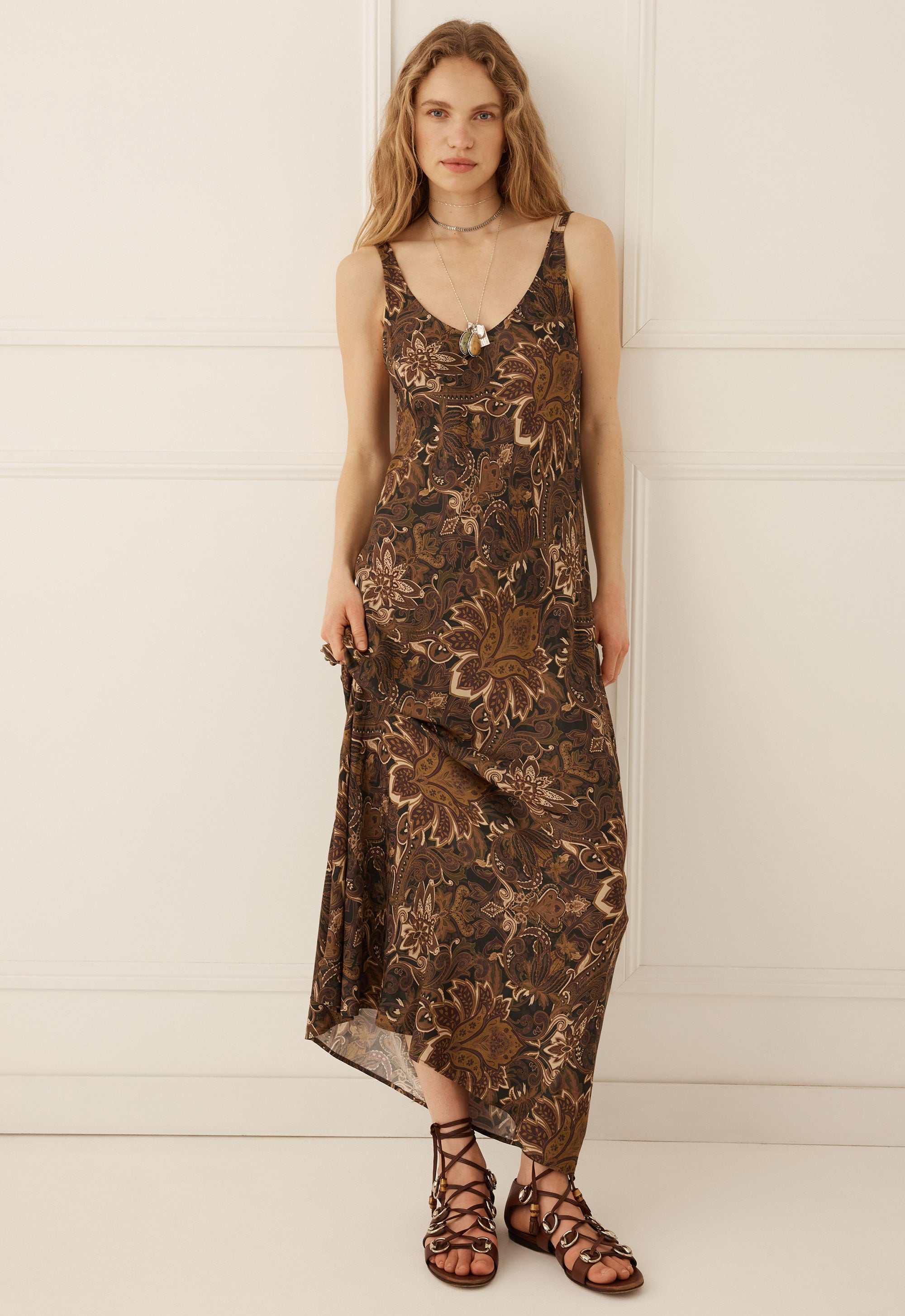 Spell Damask Bias Dress Walnut