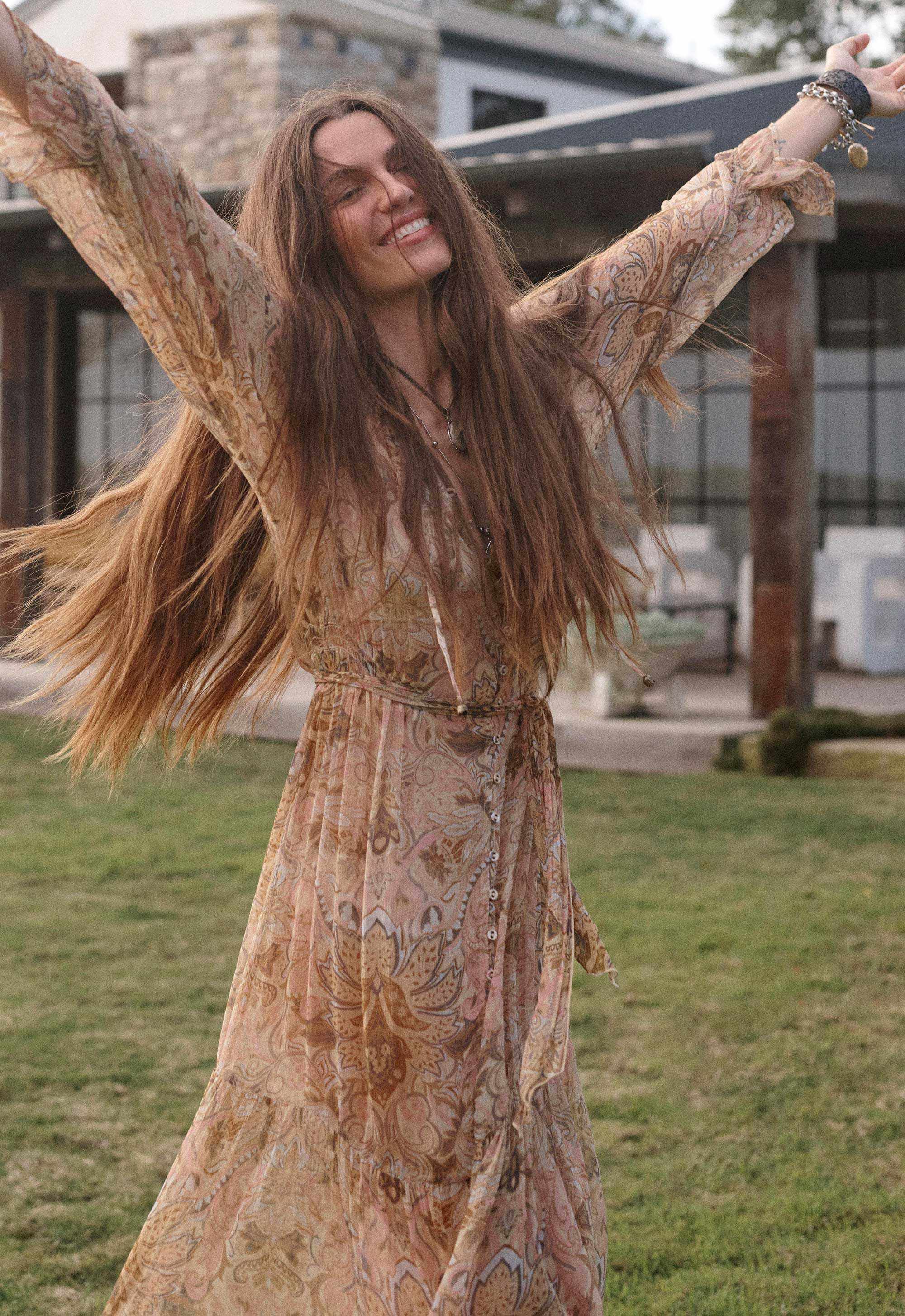 Spell Damask Button Through Gown Chai