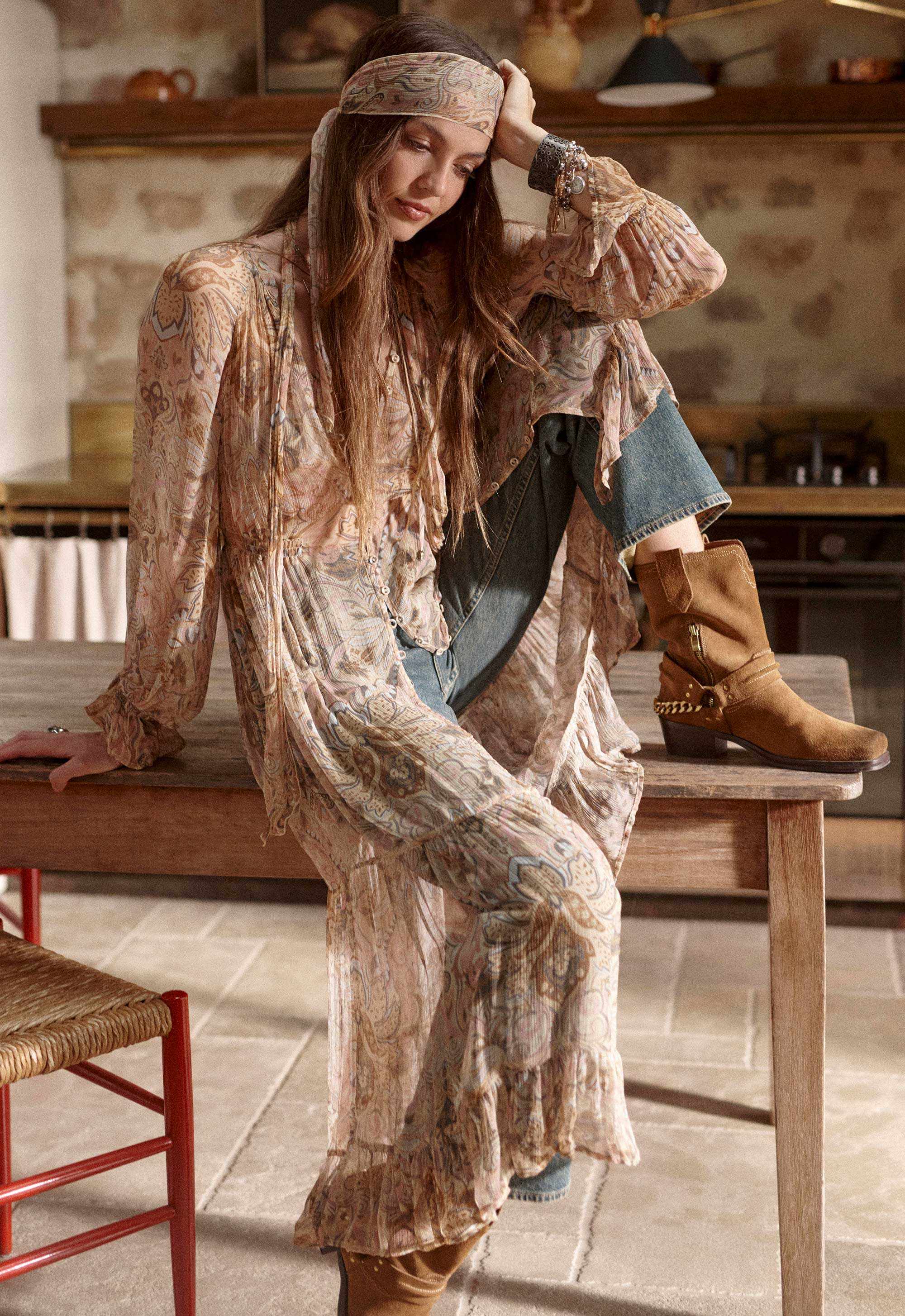 Spell Damask Button Through Gown Chai