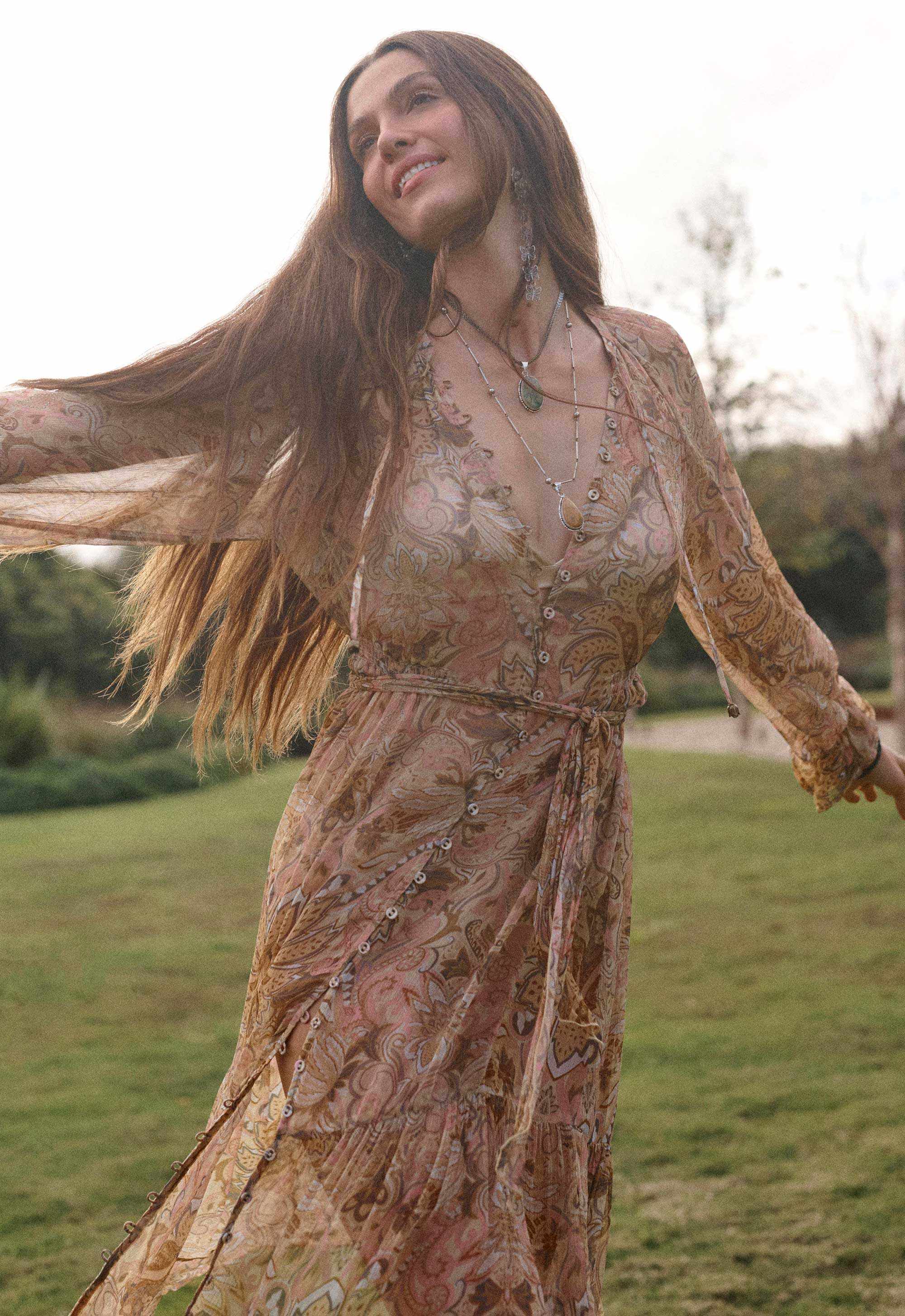 Spell Damask Button Through Gown Chai