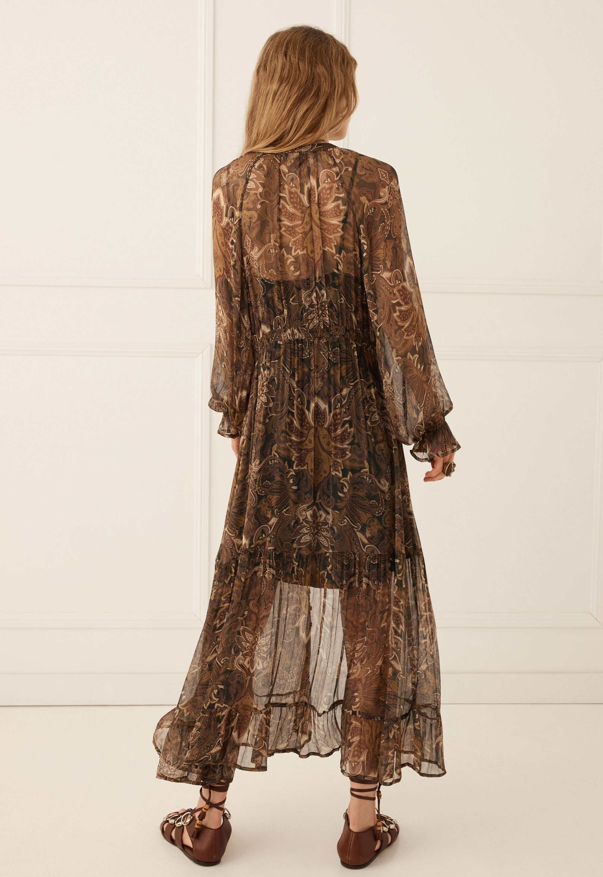 Spell Damask Button Through Gown Walnut