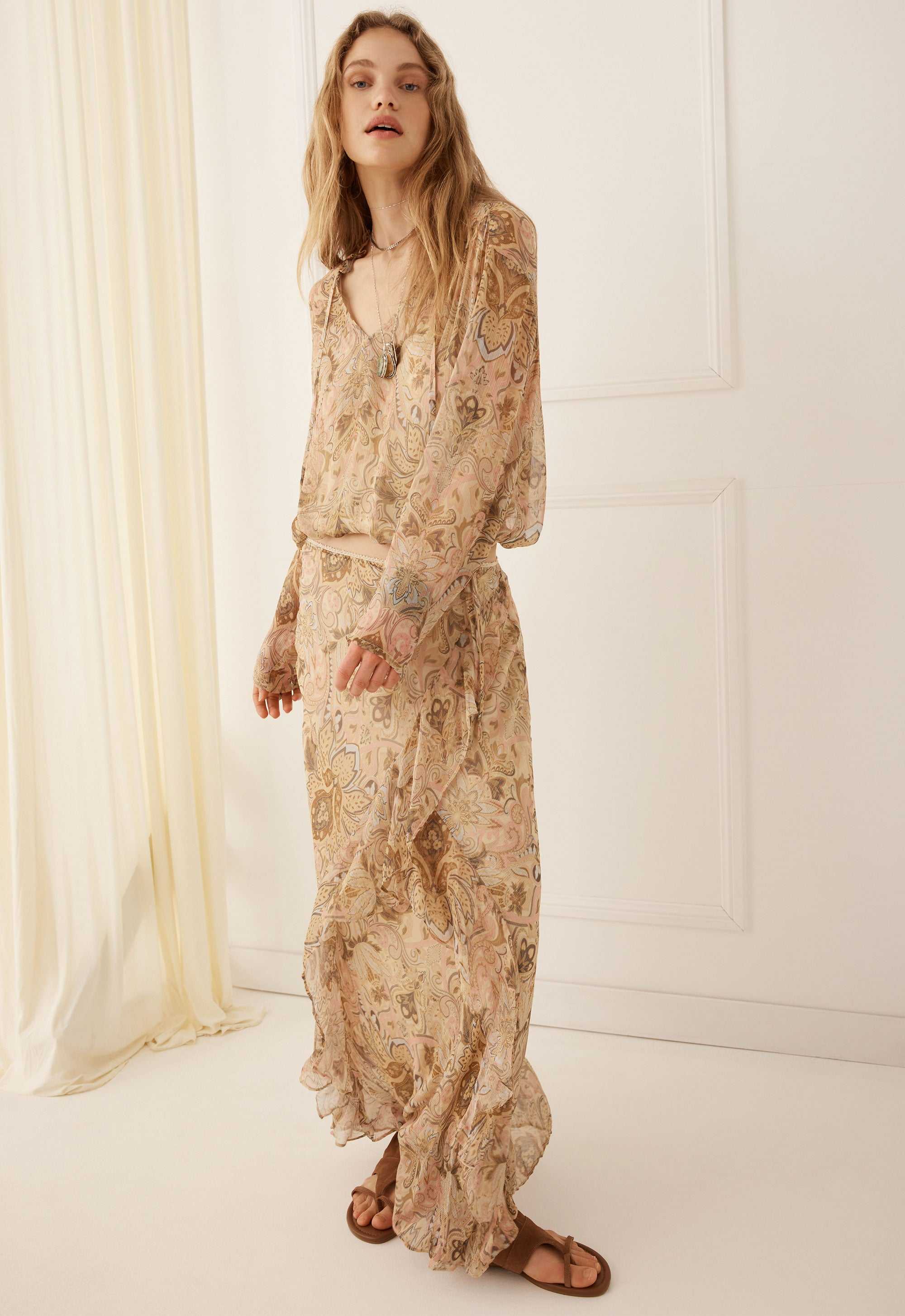 Spell Damask Long Sleeve Blouse Chai