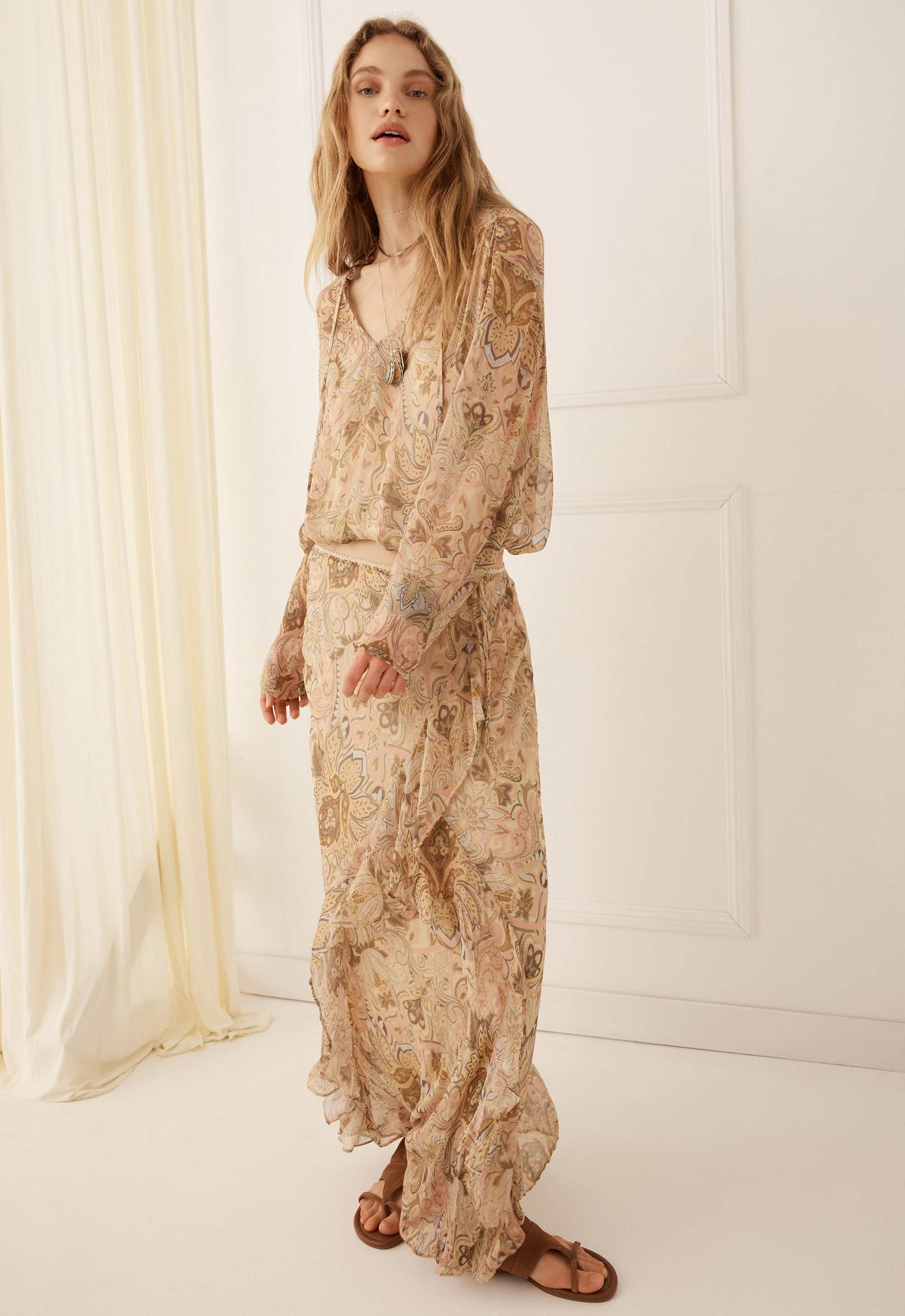 Spell Damask Ruffle Skirt Chai
