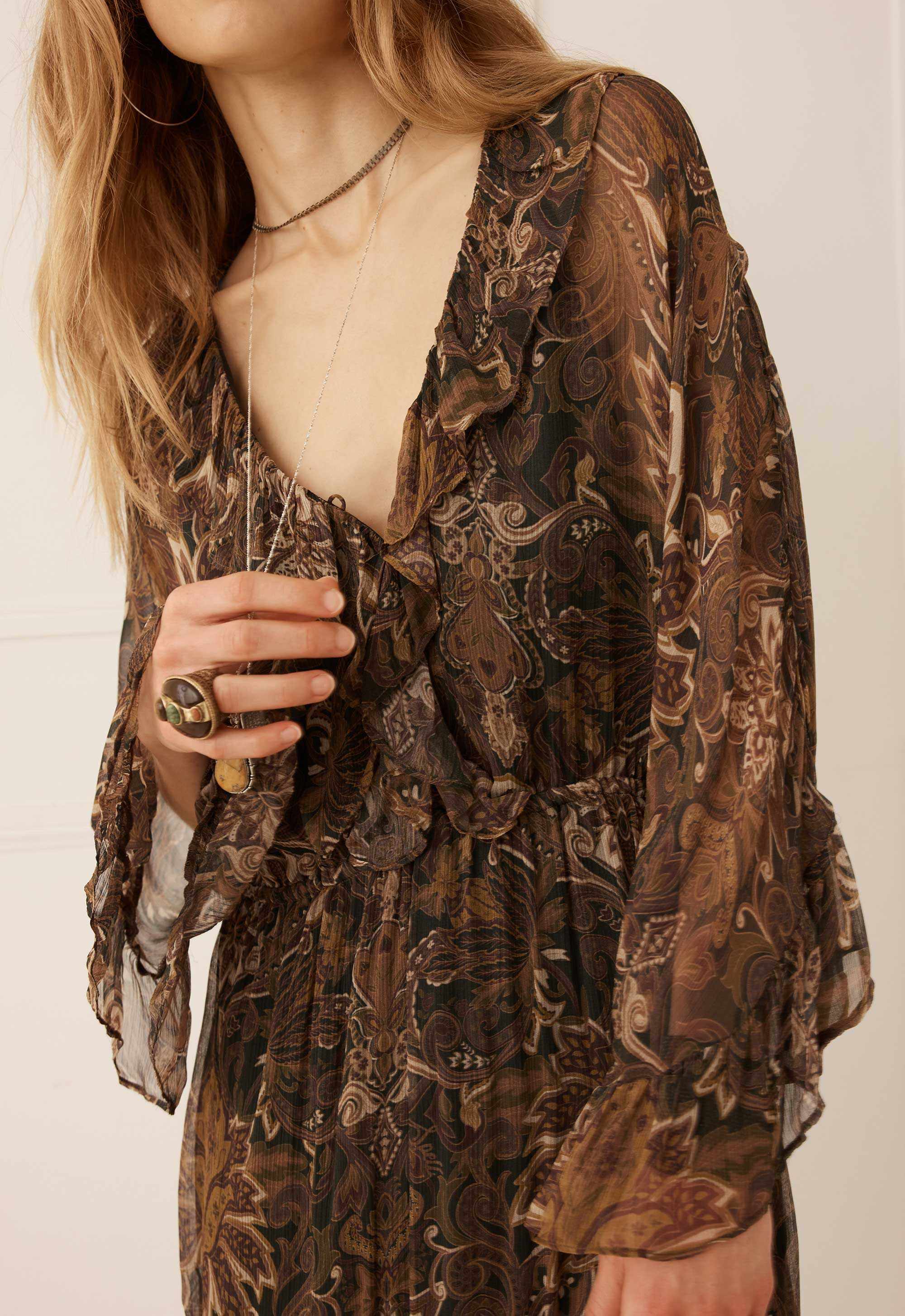 Spell Damask Tunic Mini Dress Walnut