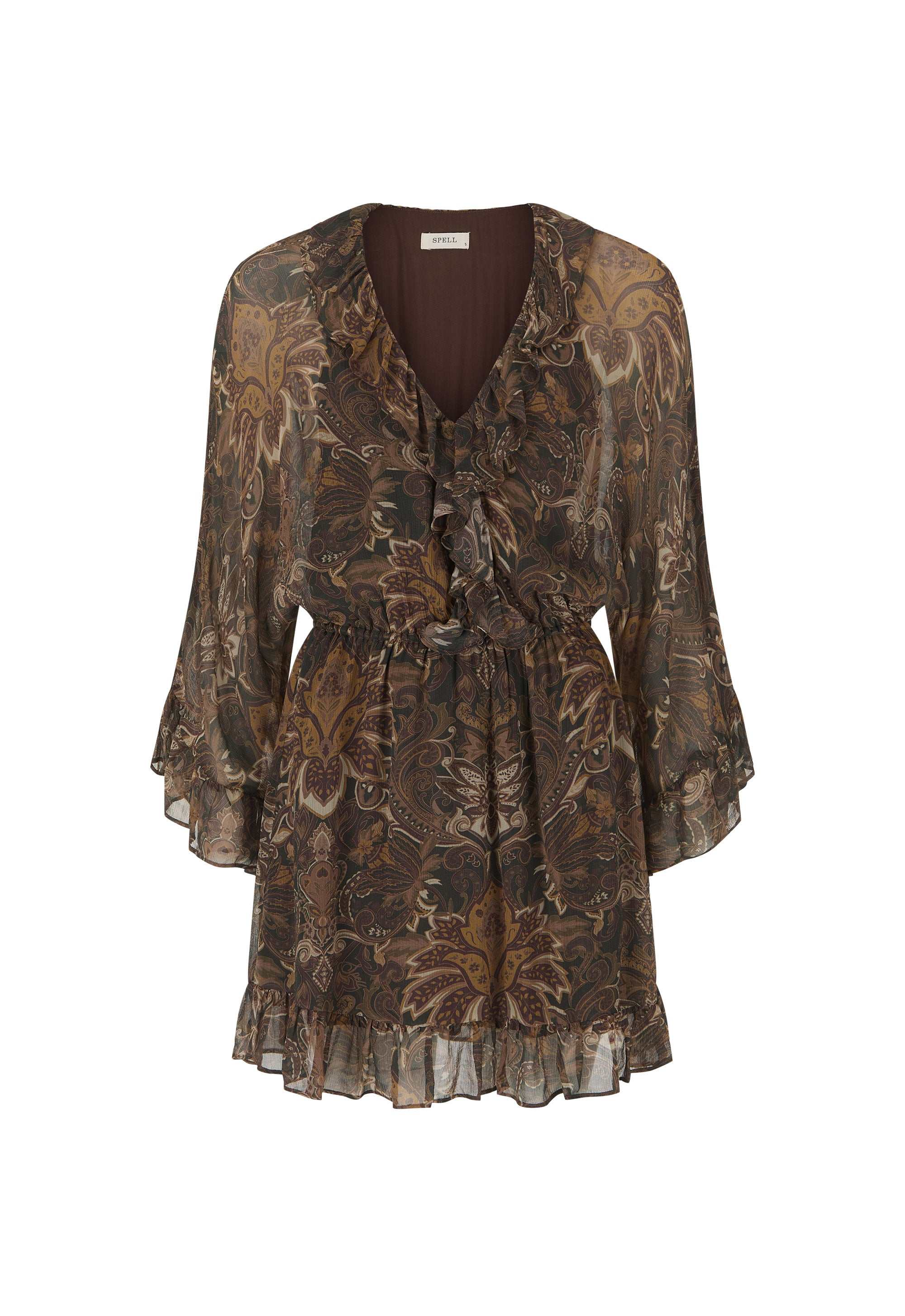 Spell Damask Tunic Mini Dress Walnut