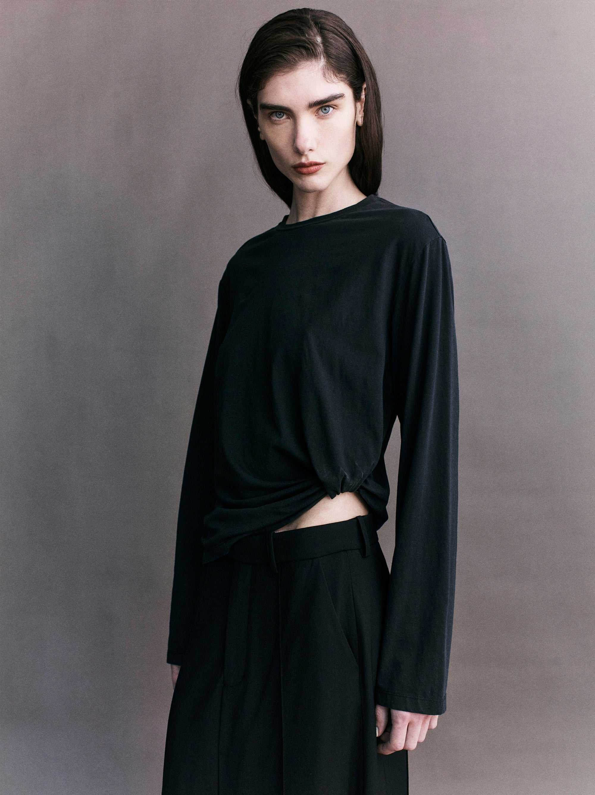 Courtney Zheng Elena Pima Cotton Long Sleeve Top Black