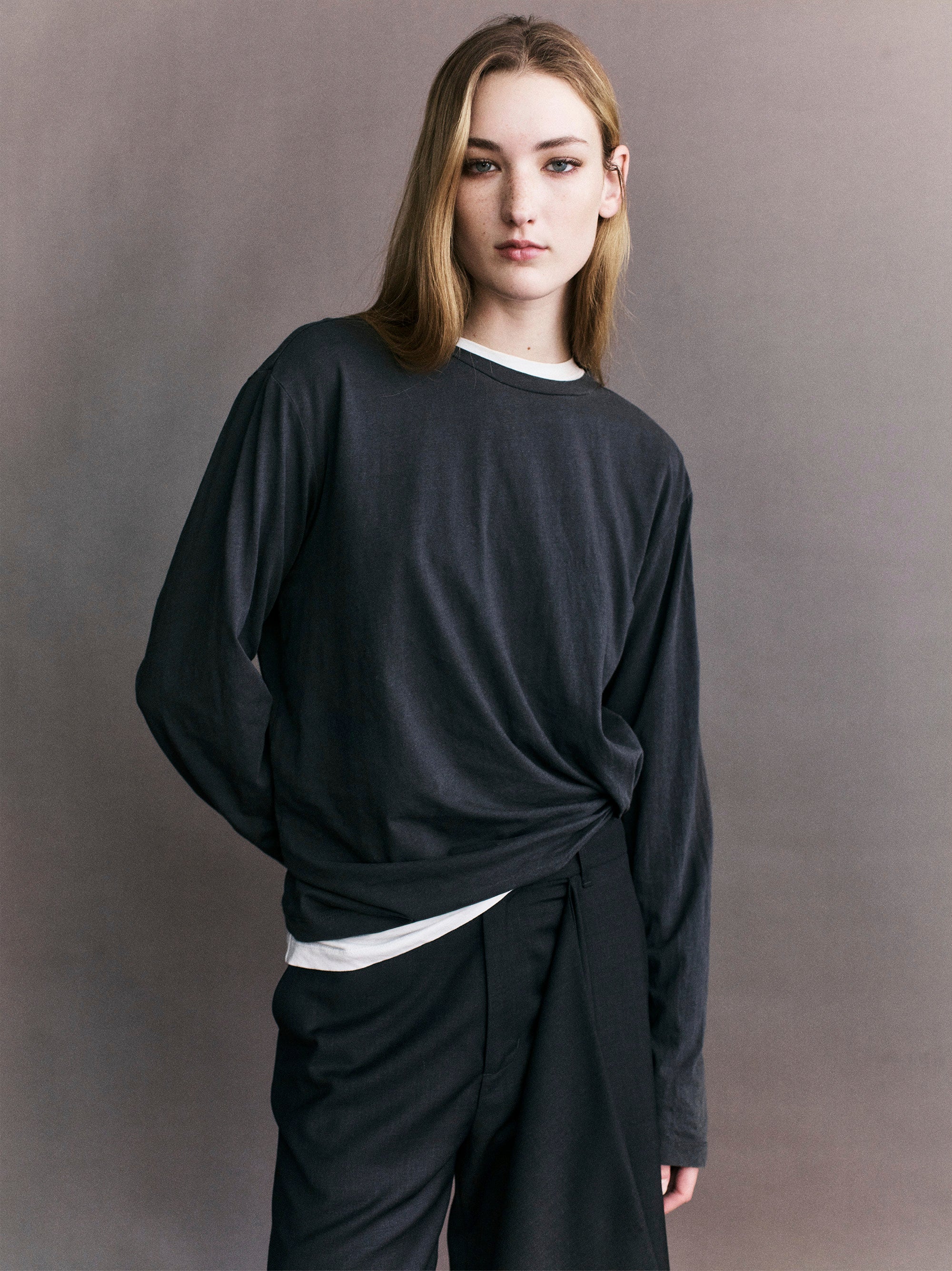 Courtney Zheng Elena Pima Cotton Long Sleeve Top Pewter