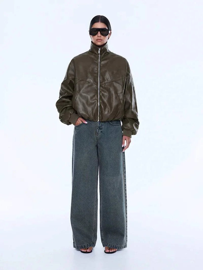 Ena Pelly Khya Faux Leather Bomber Olive
