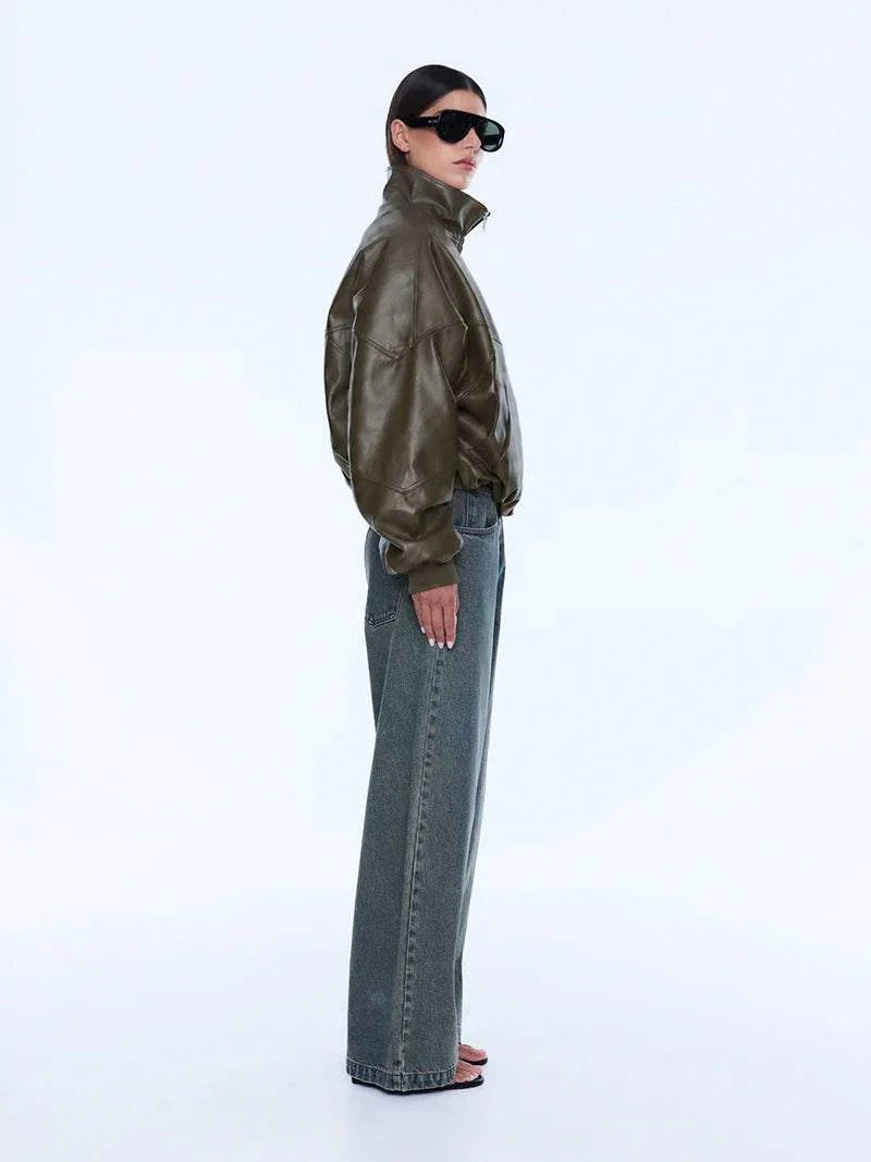 Ena Pelly Khya Faux Leather Bomber Olive