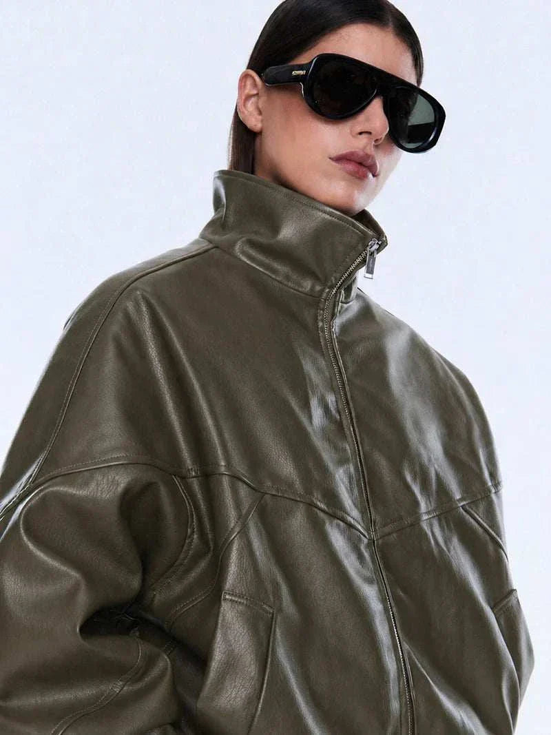 Ena Pelly Khya Faux Leather Bomber Olive