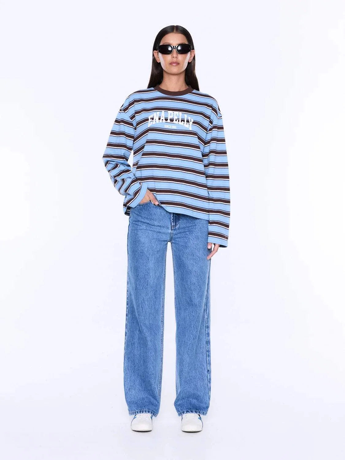 Ena Pelly Maria Boxy Long Sleeve Tee Blue Brown Stripe
