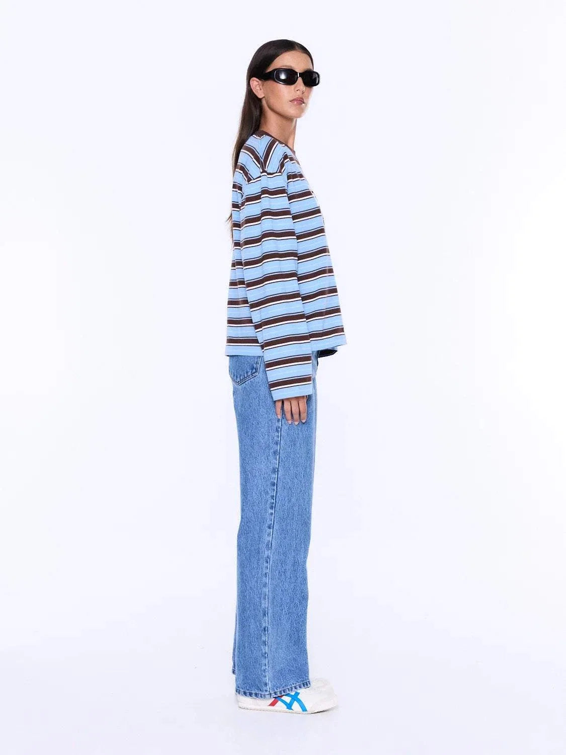 Ena Pelly Maria Boxy Long Sleeve Tee Blue Brown Stripe