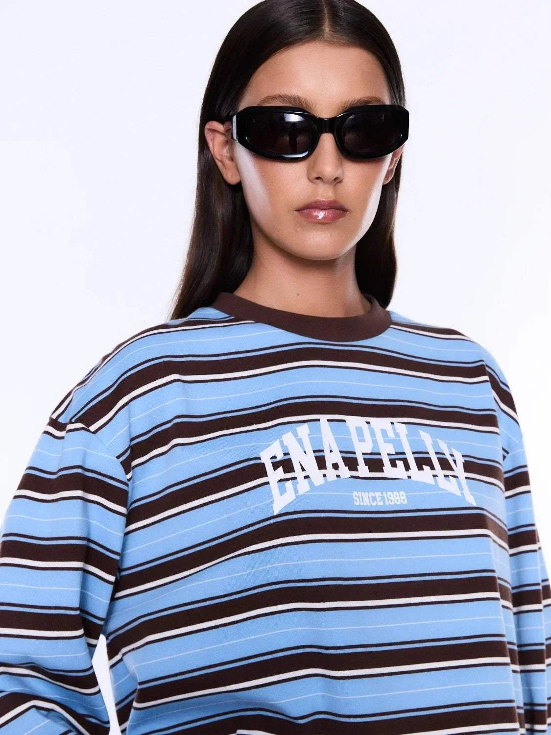 Ena Pelly Maria Boxy Long Sleeve Tee Blue Brown Stripe