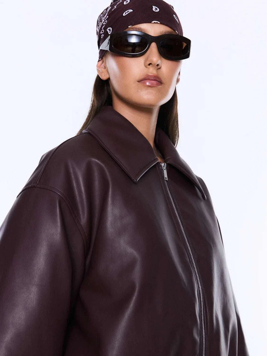 Ena Pelly Monroe Faux Leather Bomber Jacket Burgundy